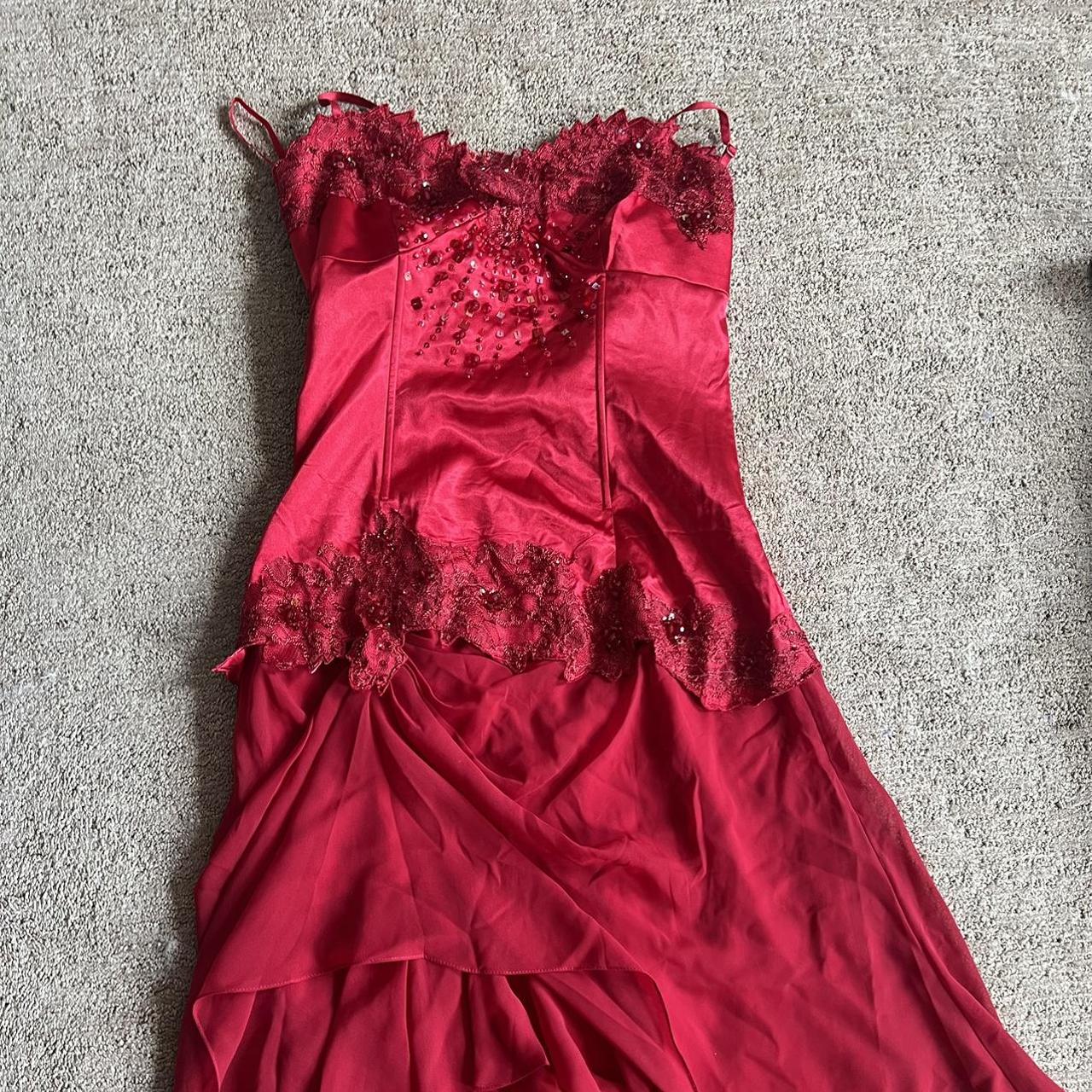 Deep red midi corset dress. Flowy and beautiful,... - Depop
