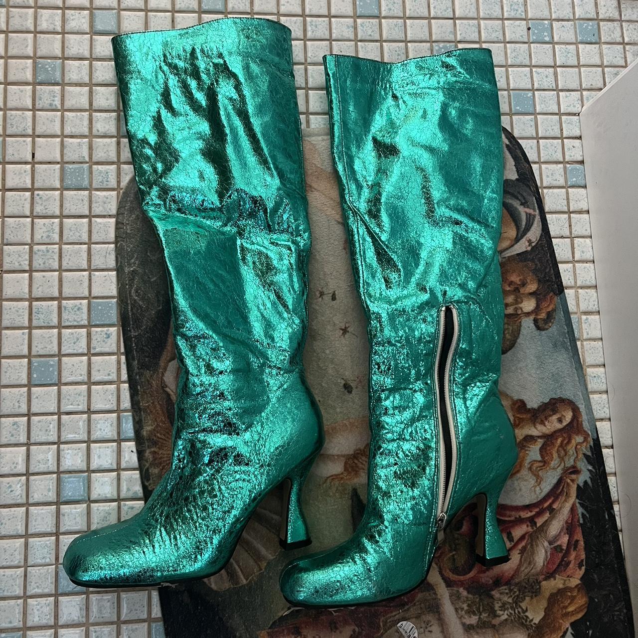 Teal metallic boots. Super cute and such a statement... - Depop