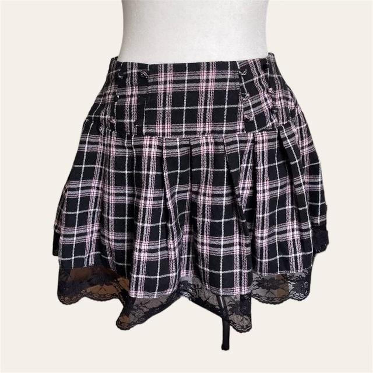 Rockstar Girlfriend Pink and Black Plaid Mini Skirt... Depop