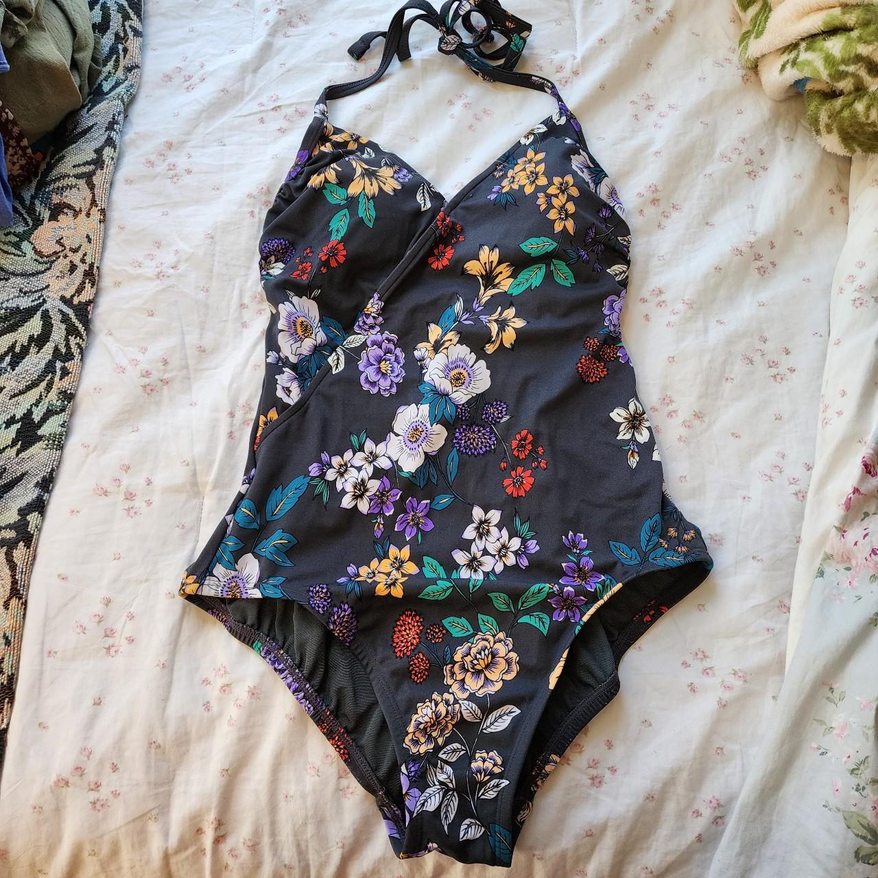 Time & Tru halter one piece swimsuit in dark blue... - Depop