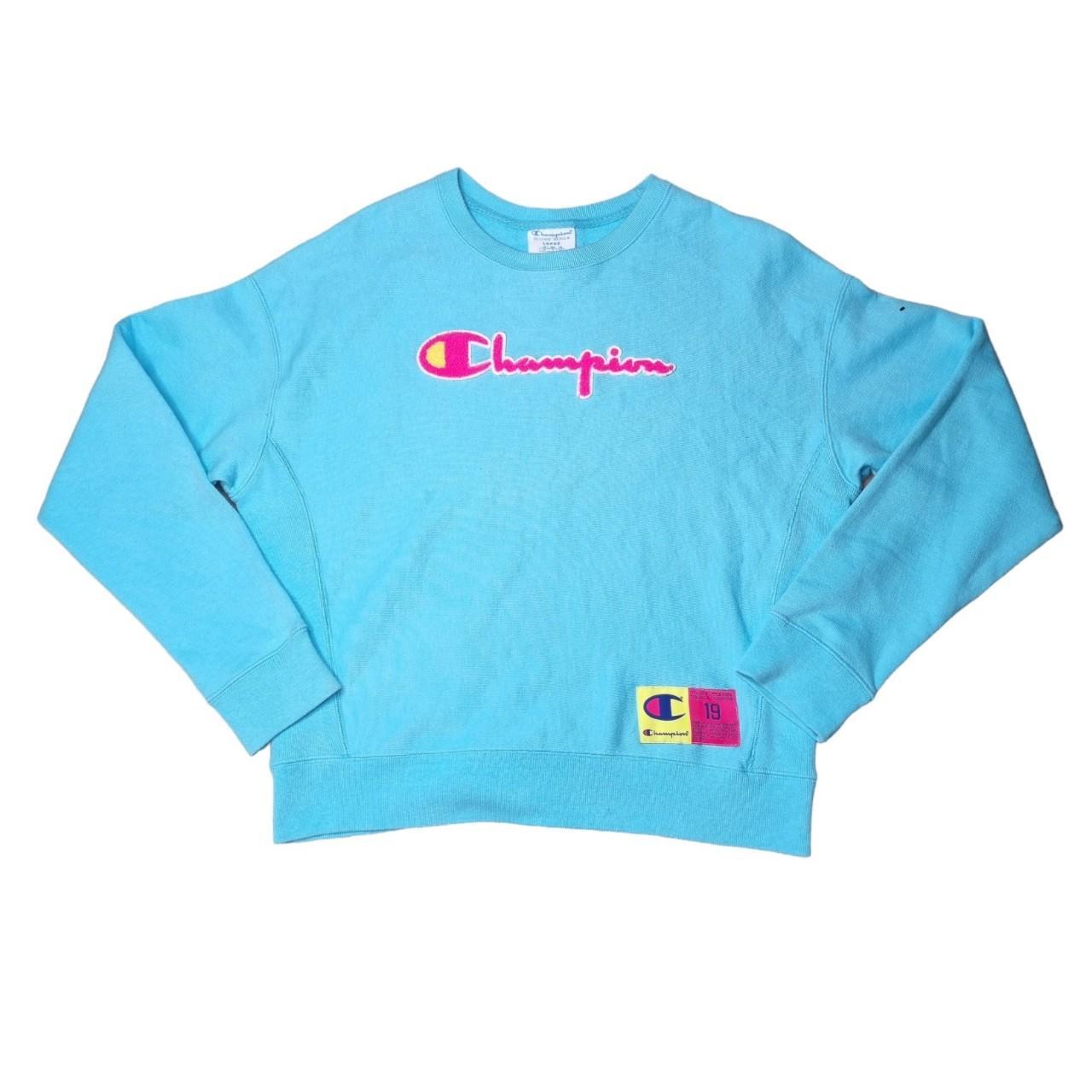 Blue Champion reverse weave sweatshirt with pink... - Depop