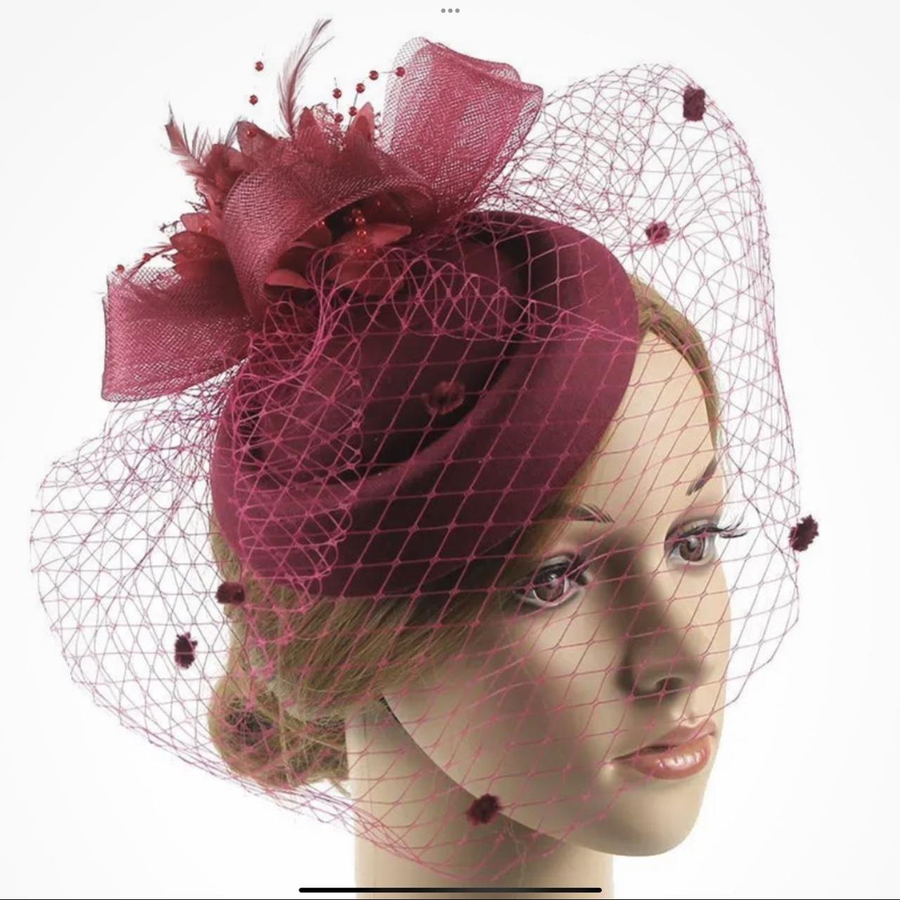 New burgundy red pillbox veiled Fascinator on... - Depop