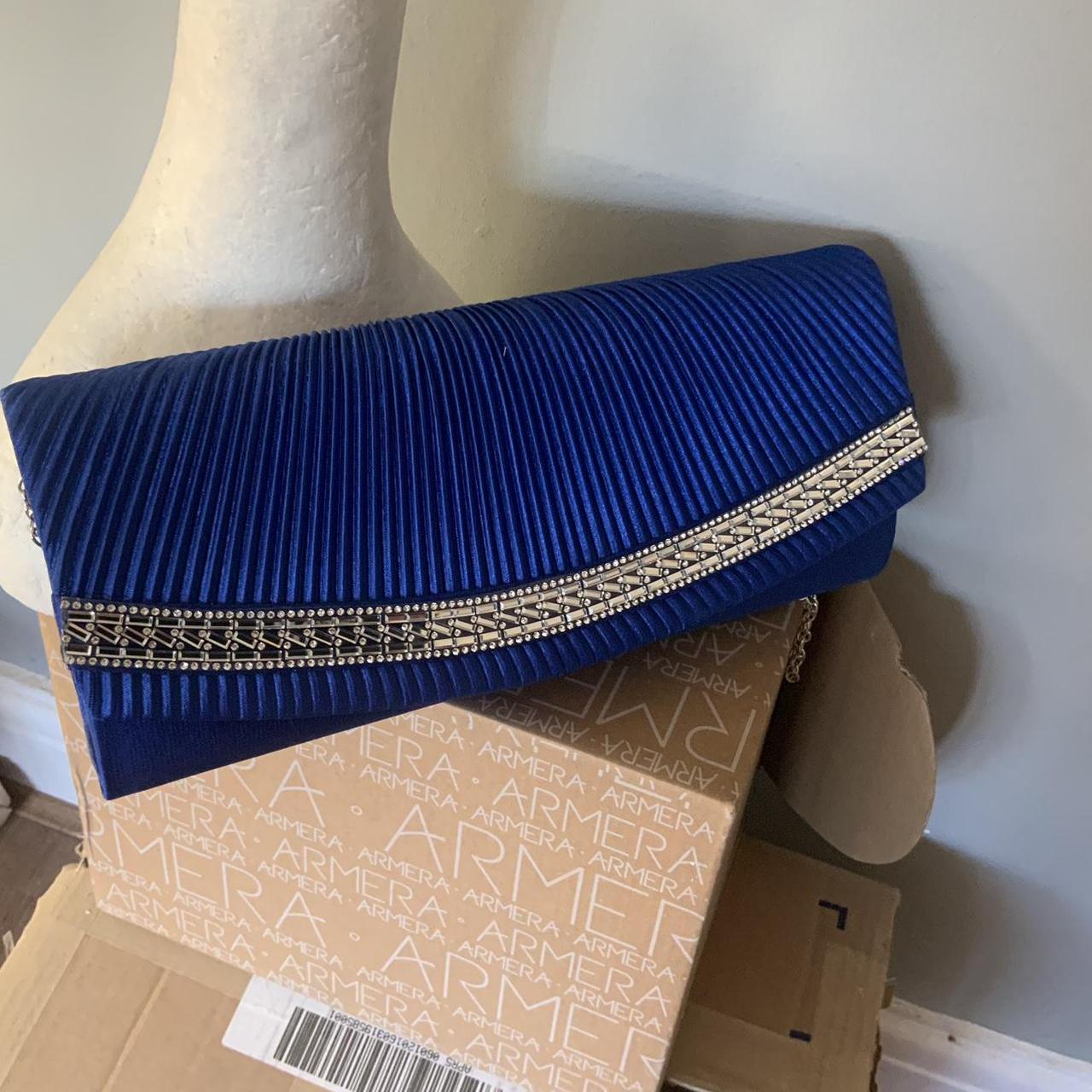 Royal blue satin Clutch Bag with diamanté trim... Depop
