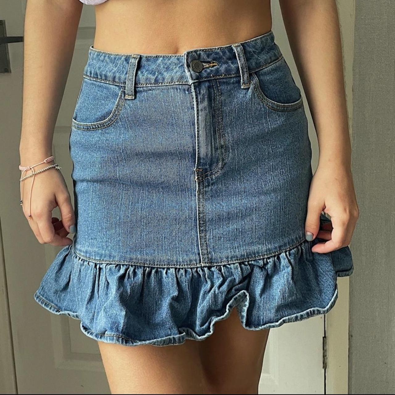 Brandy Melville - Denim, ruffled, y2k, mini skirt -... - Depop