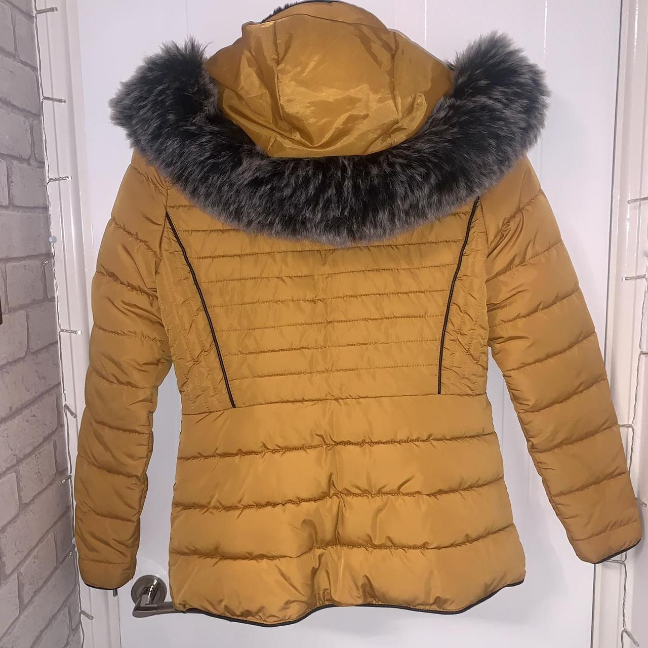 New Look Yellow Fur Trim Hood Coat Depop