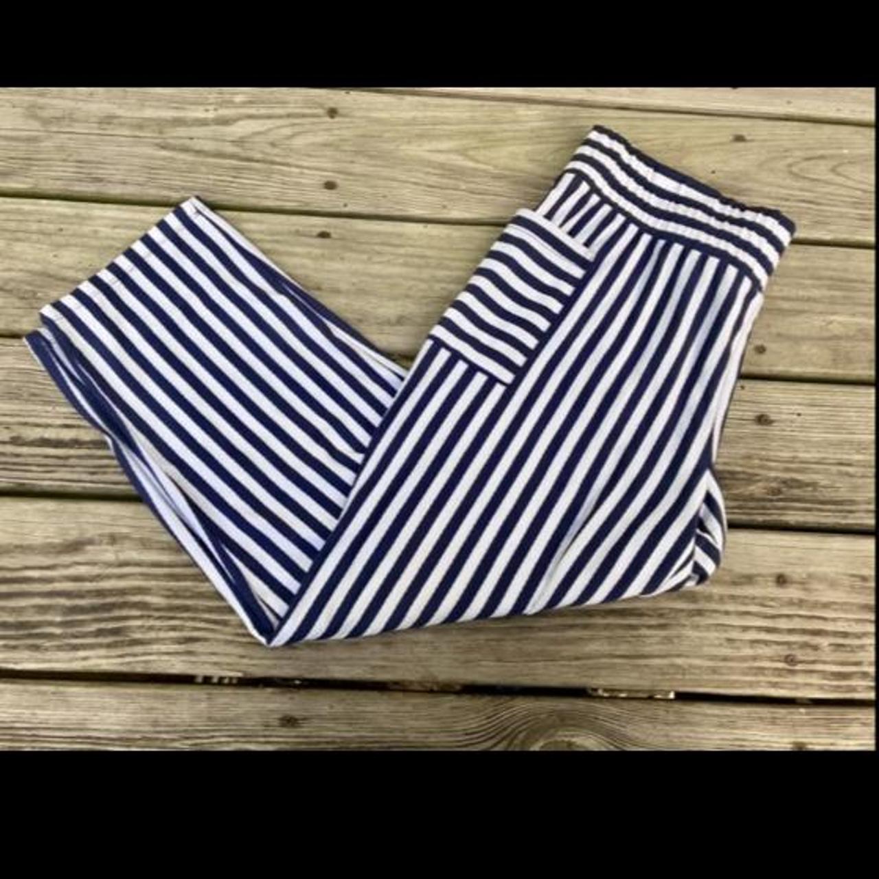 Navy Blue and White Striped AnyBody Pants Size: - Depop