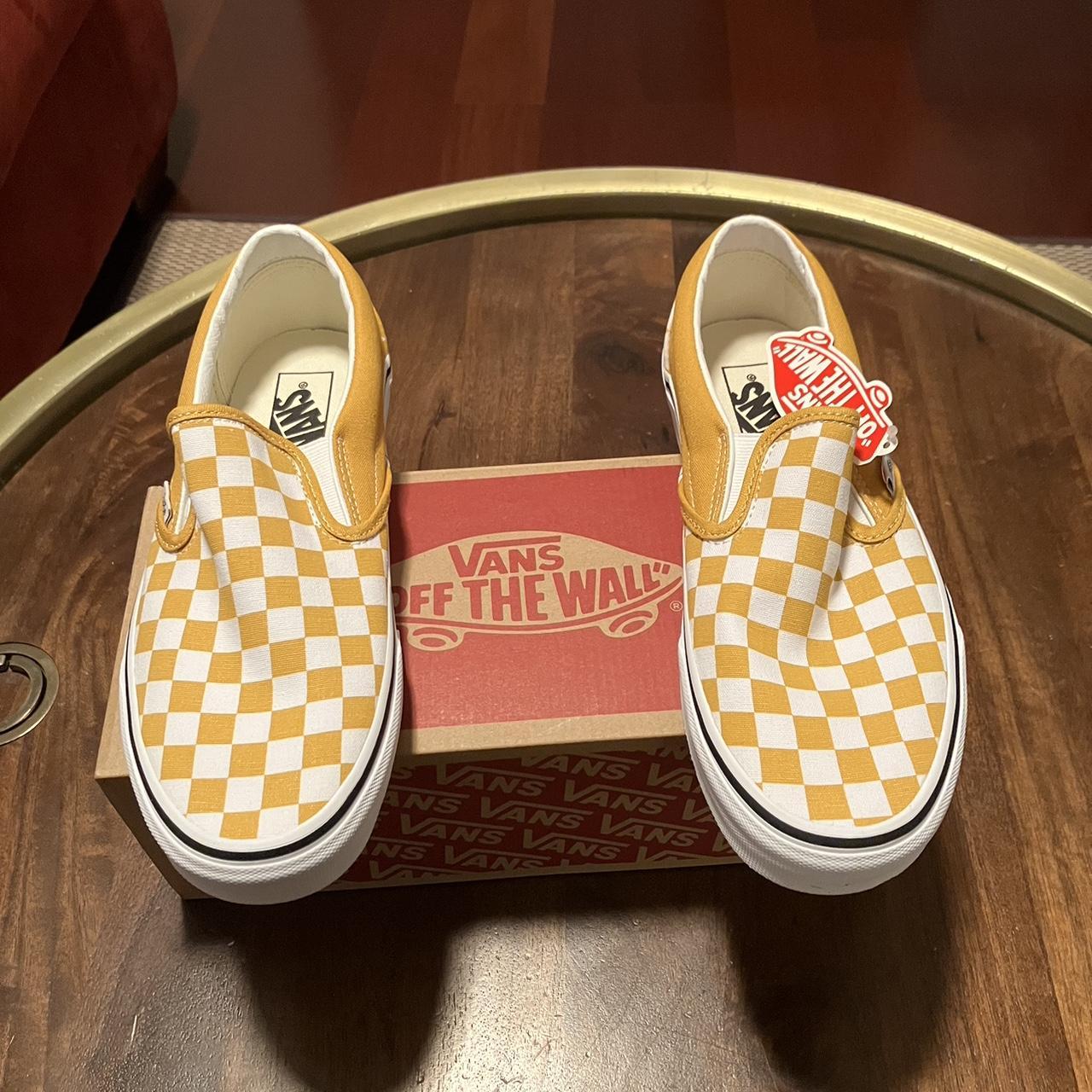 Vans yellow slip ons on sale checkerboard