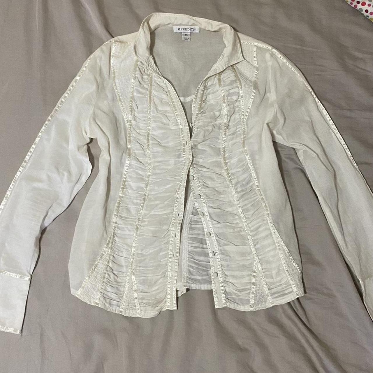 y2k cream white blouse button up slightly sheer... - Depop