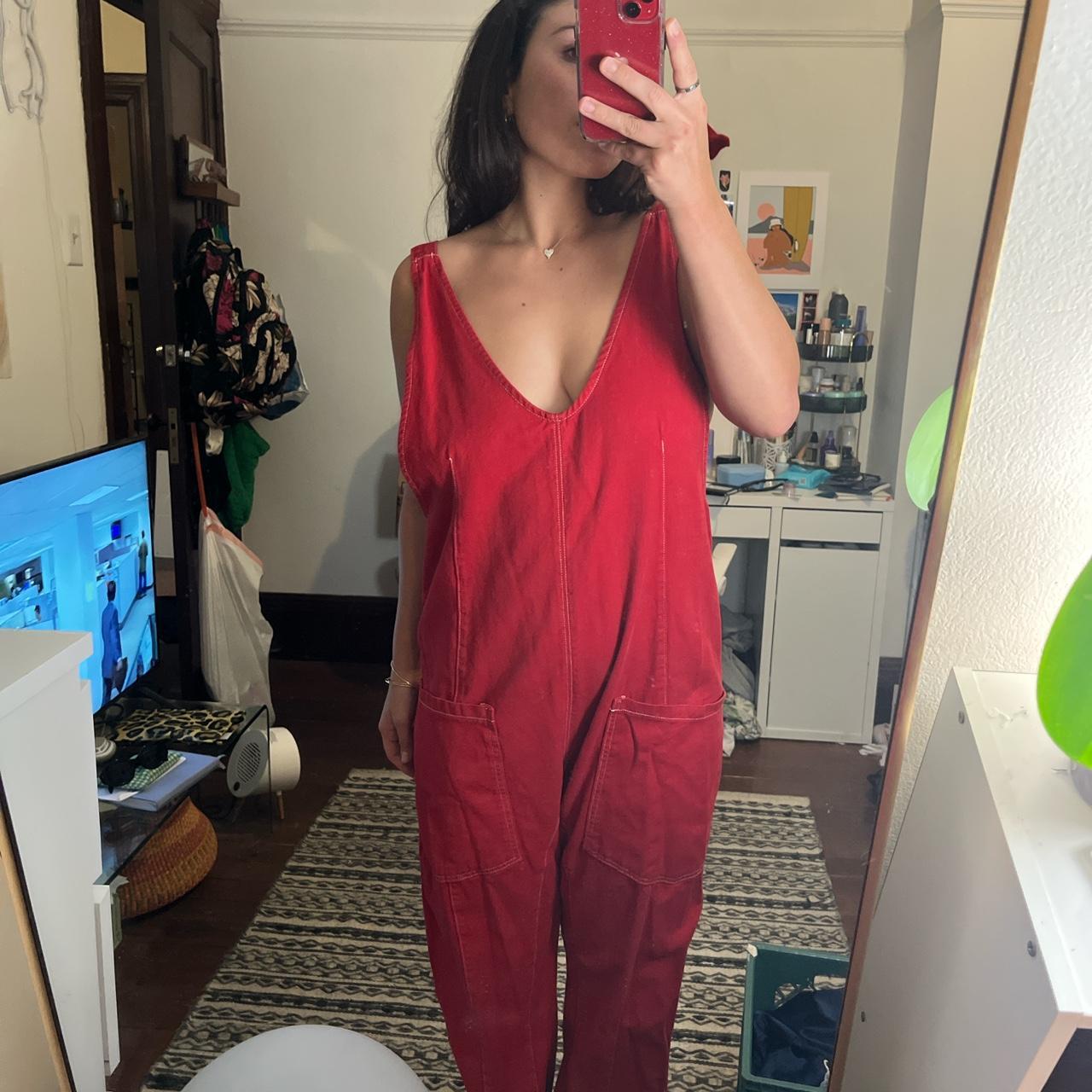 free people red denim jumpsuit #freepeople... - Depop