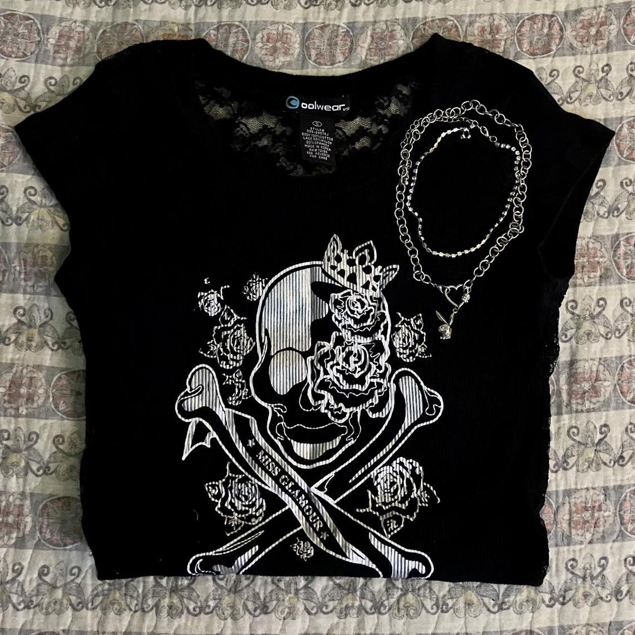 Y2K Black Punk Skull Lace-Back, Silver PlayBoy Bunny... - Depop