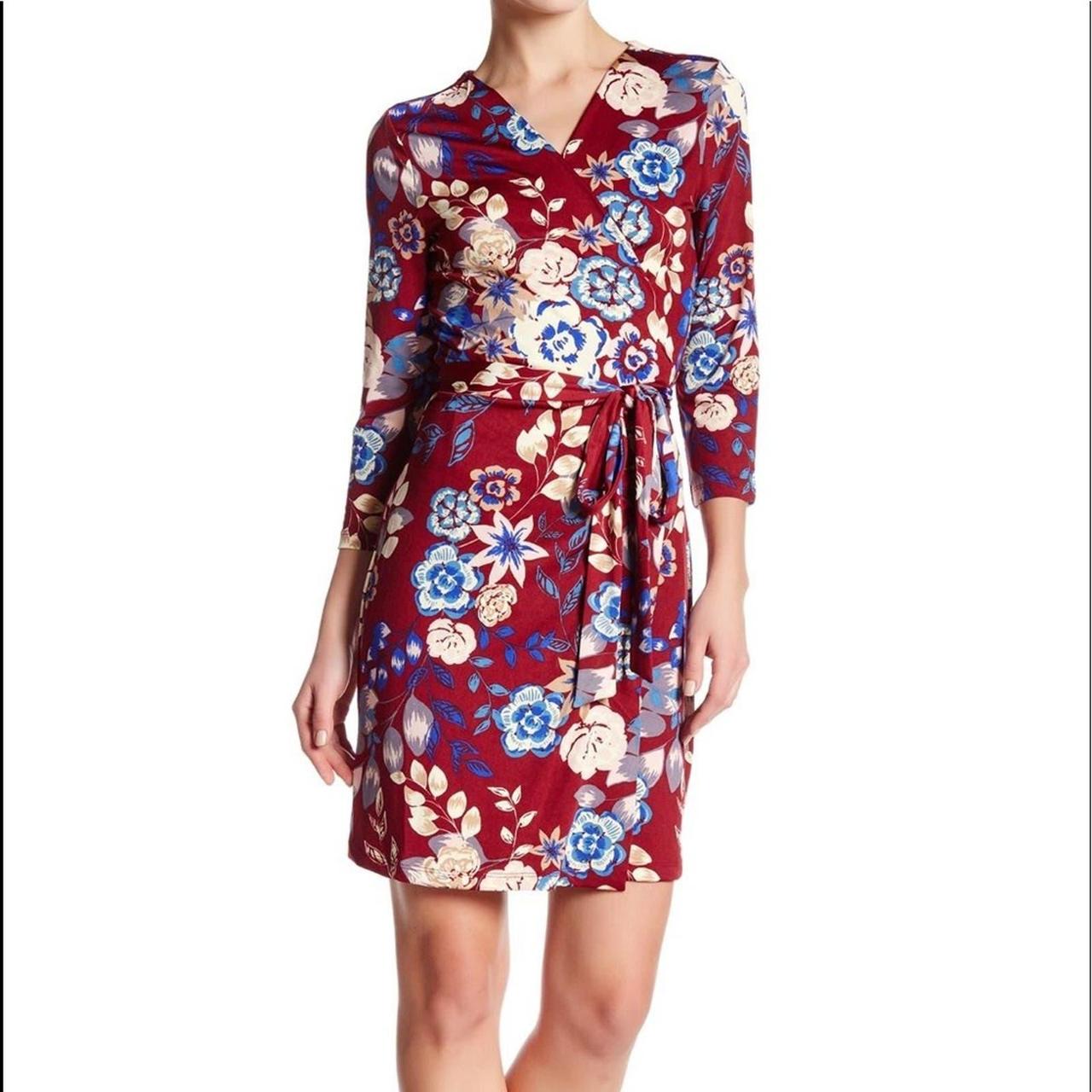 Charles Henry Berry Floral Wrap Dress with 3 4