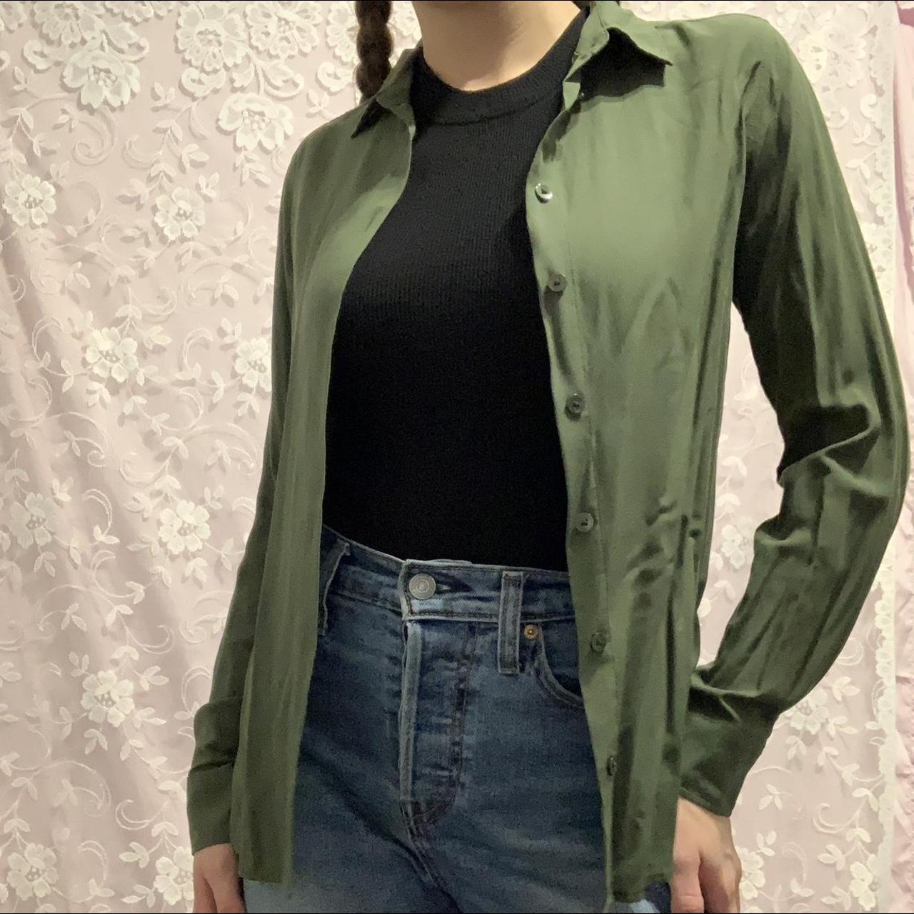 Olive green Uniqlo button down 💚 Satin-like feel 💚... - Depop