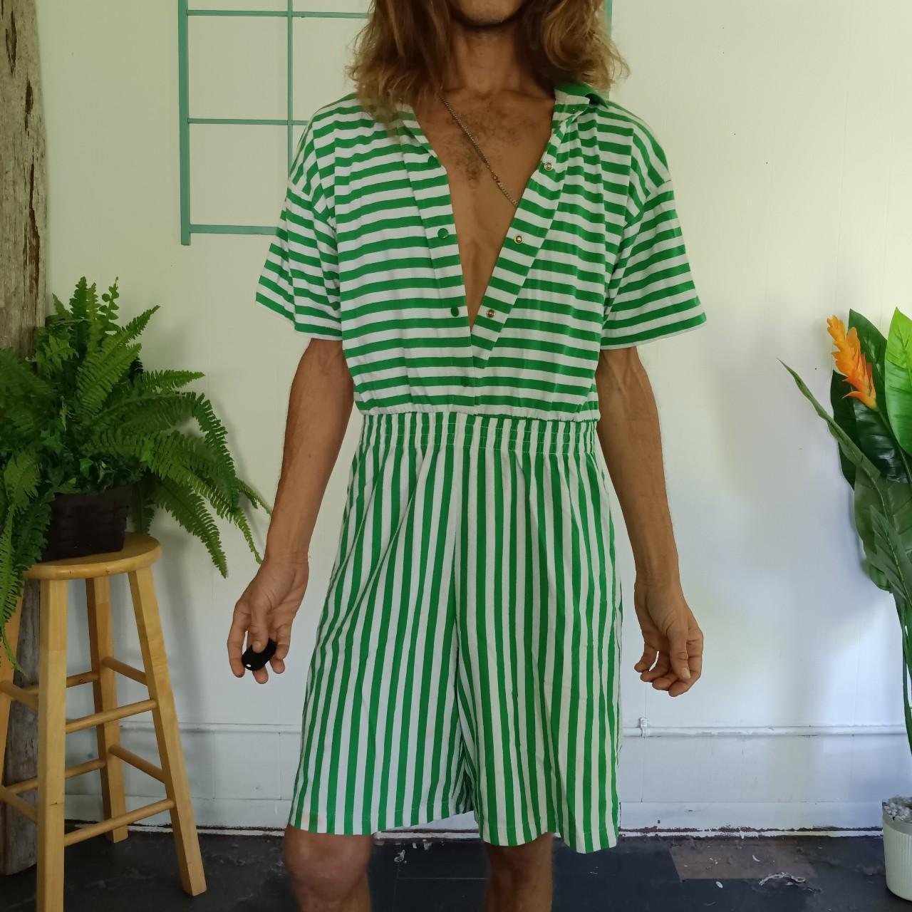 Vintage green and white candystriped romper, 80s, by... Depop