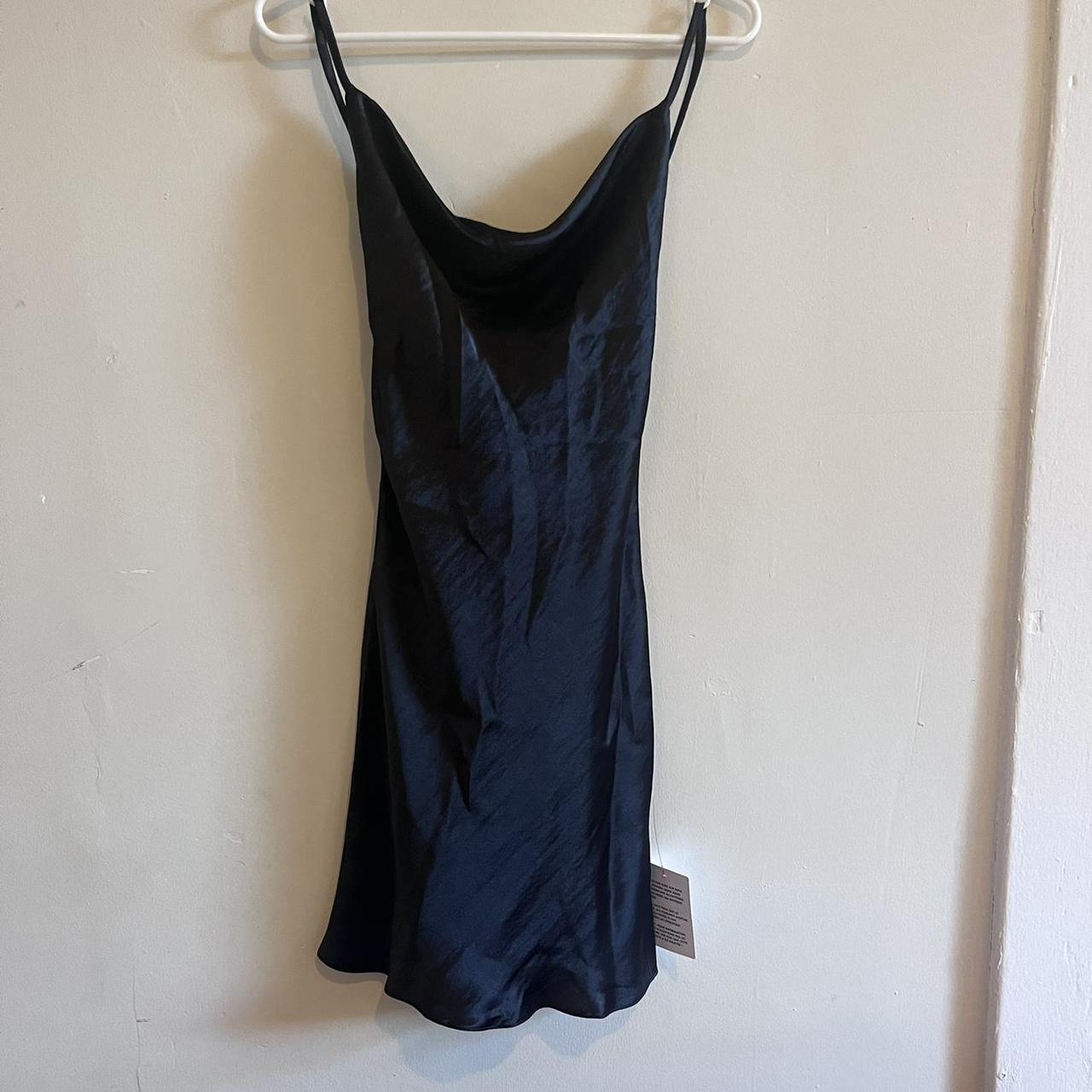 Sheer satin black mini dress, lace up back tags... - Depop