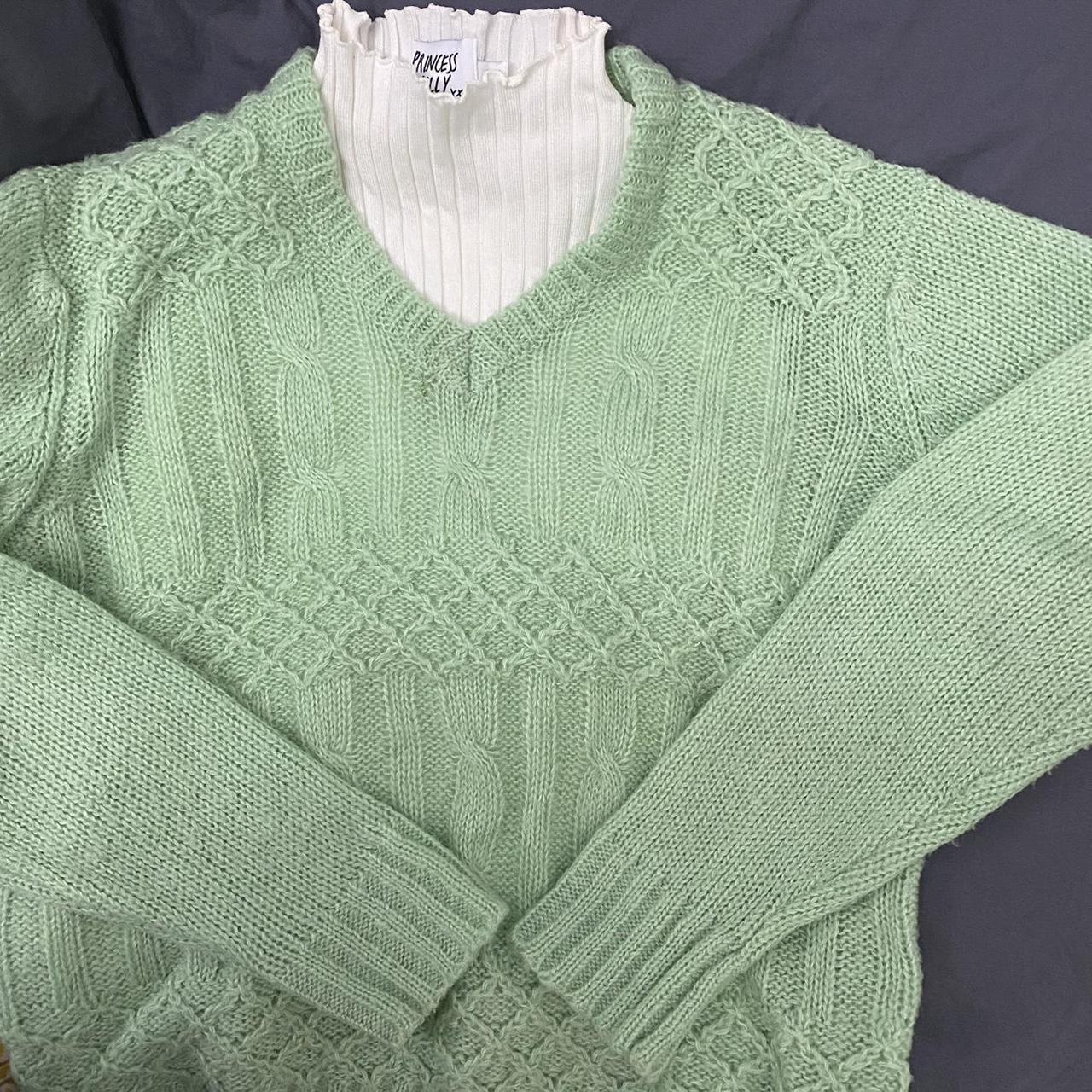 Mint green knit v neck sweater 🪷 • hand knitted... - Depop