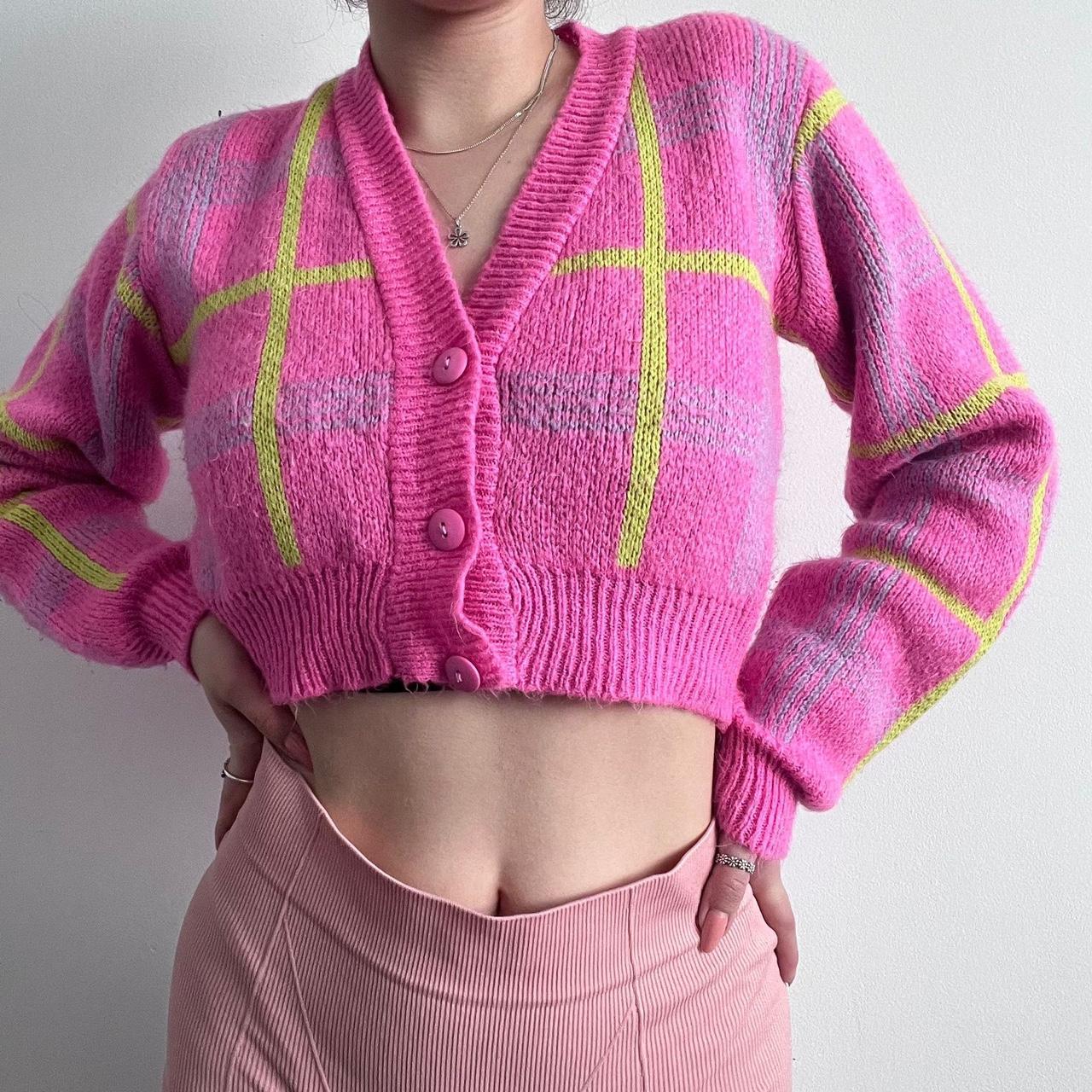 Nasty Gal Cropped Pink Checked   Plaid Knit - Depop