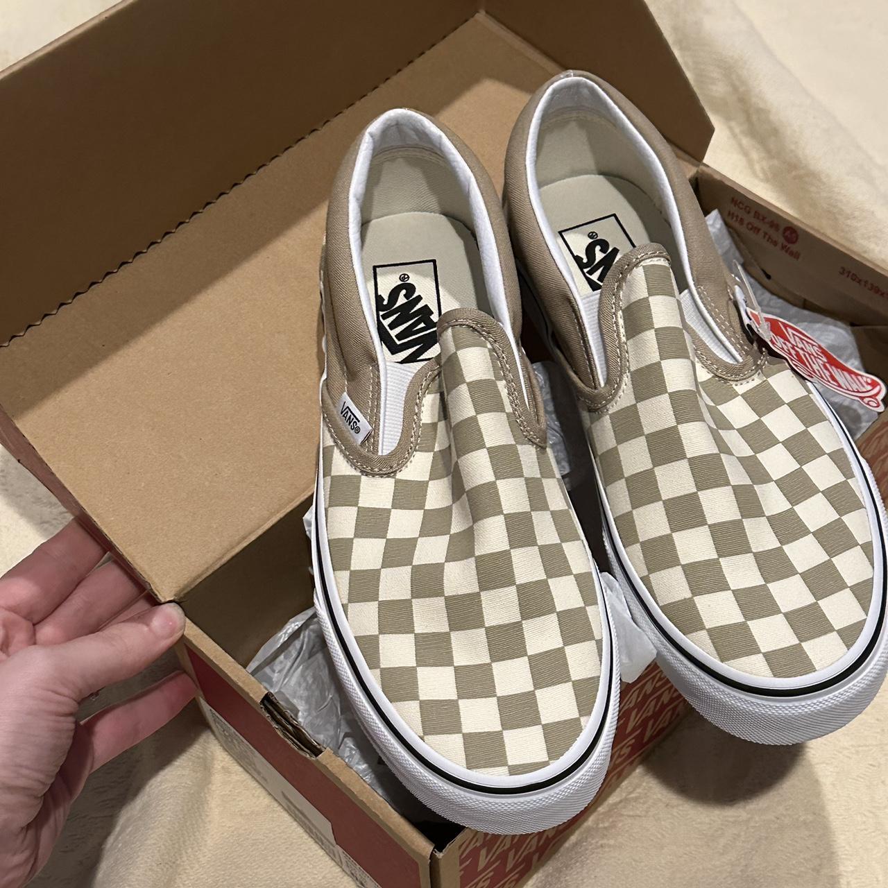 Tan checkerboard clearance slip on vans