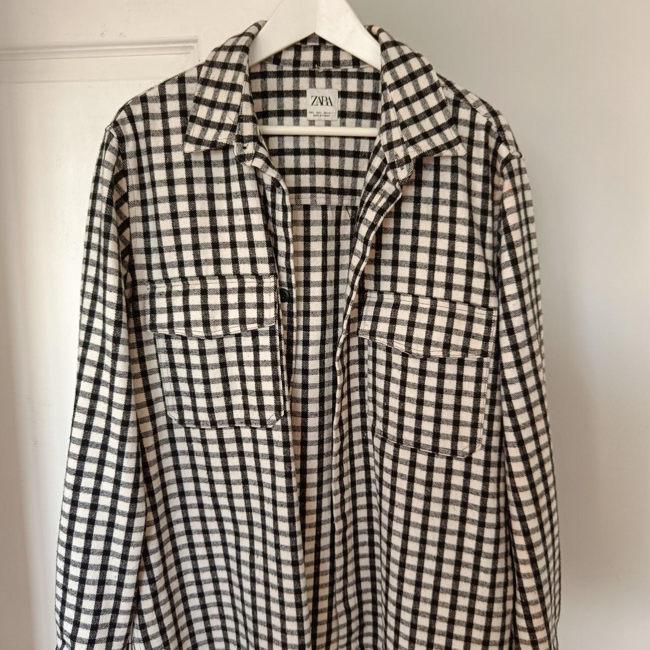 Chequered off-white and black Zara over-shirt... - Depop
