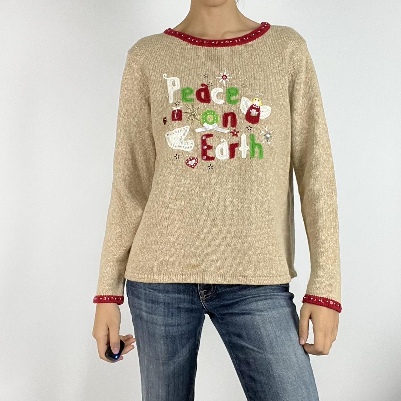 Vintage 90s tan knit Christmas sweater Red beaded... Depop