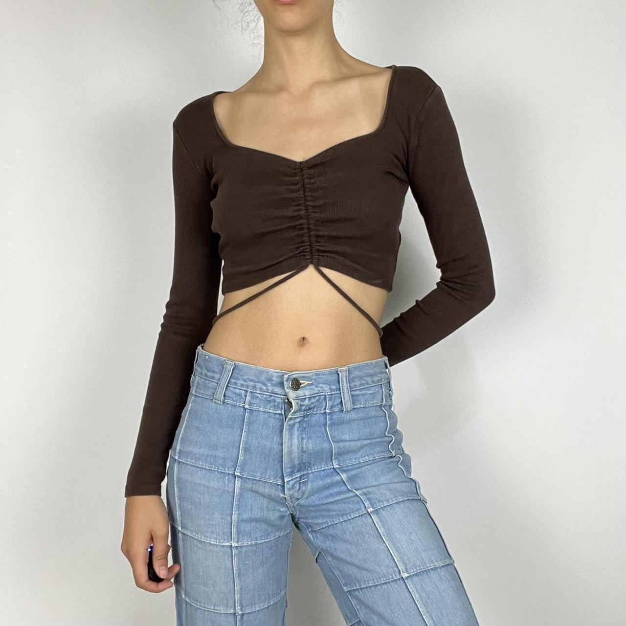 Zara NWT brown tulle cropped long sleeve square neck - Depop