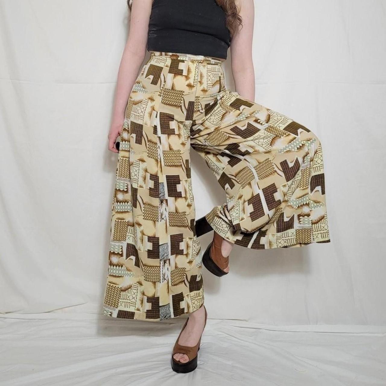 Vintage crazy pattern trousers yellow and brown in... - Depop