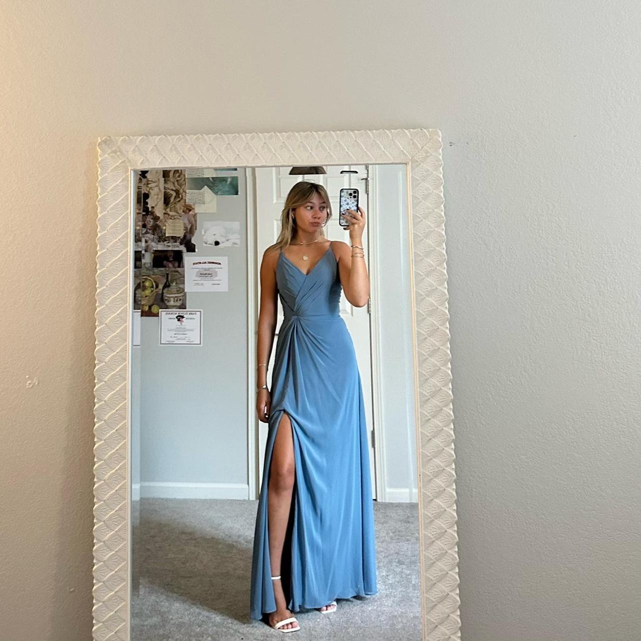 MORILEE slate blue chiffon formal dress with side... - Depop