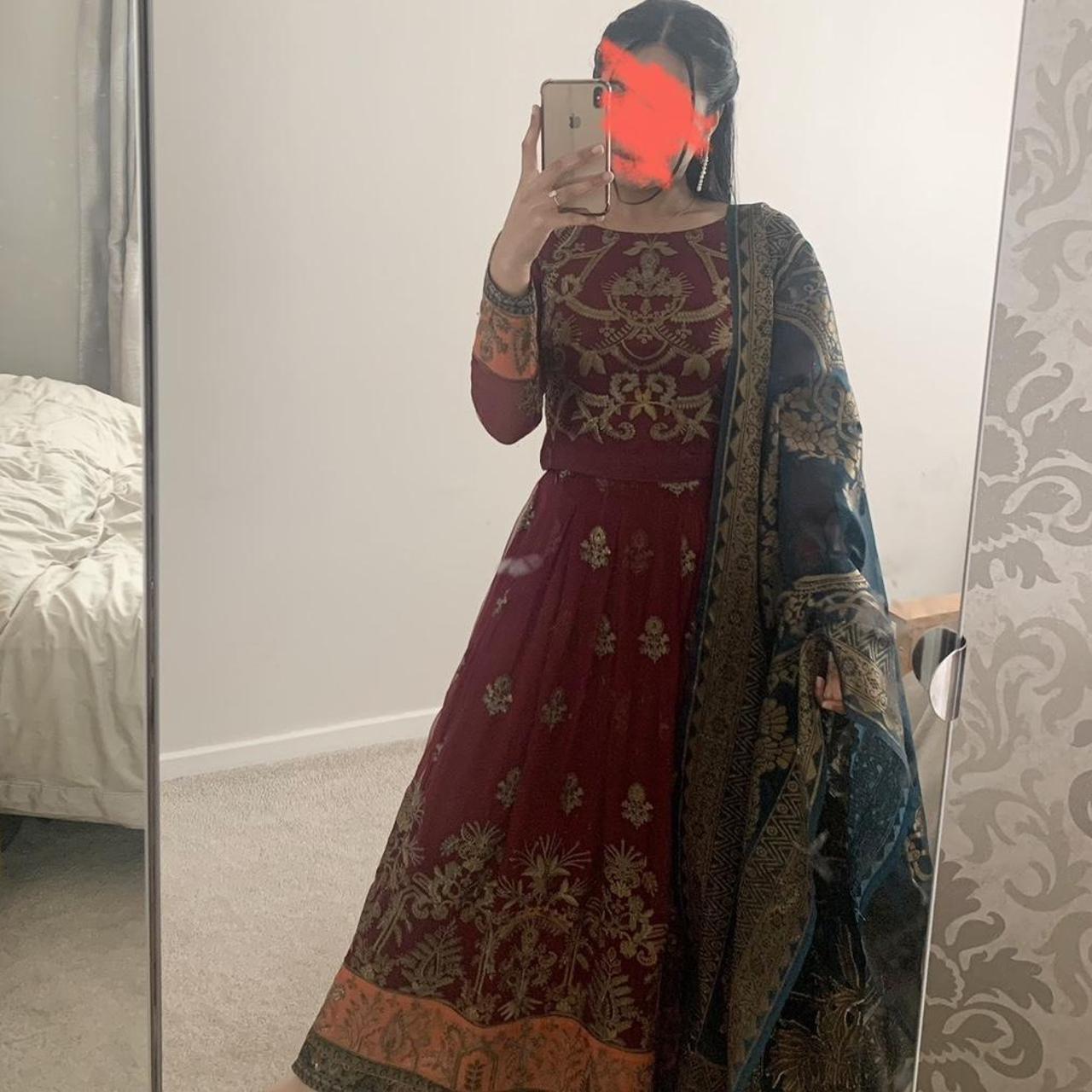 Maria B Formal Wear- Lengha. Maroon With Deep Blue... - Depop