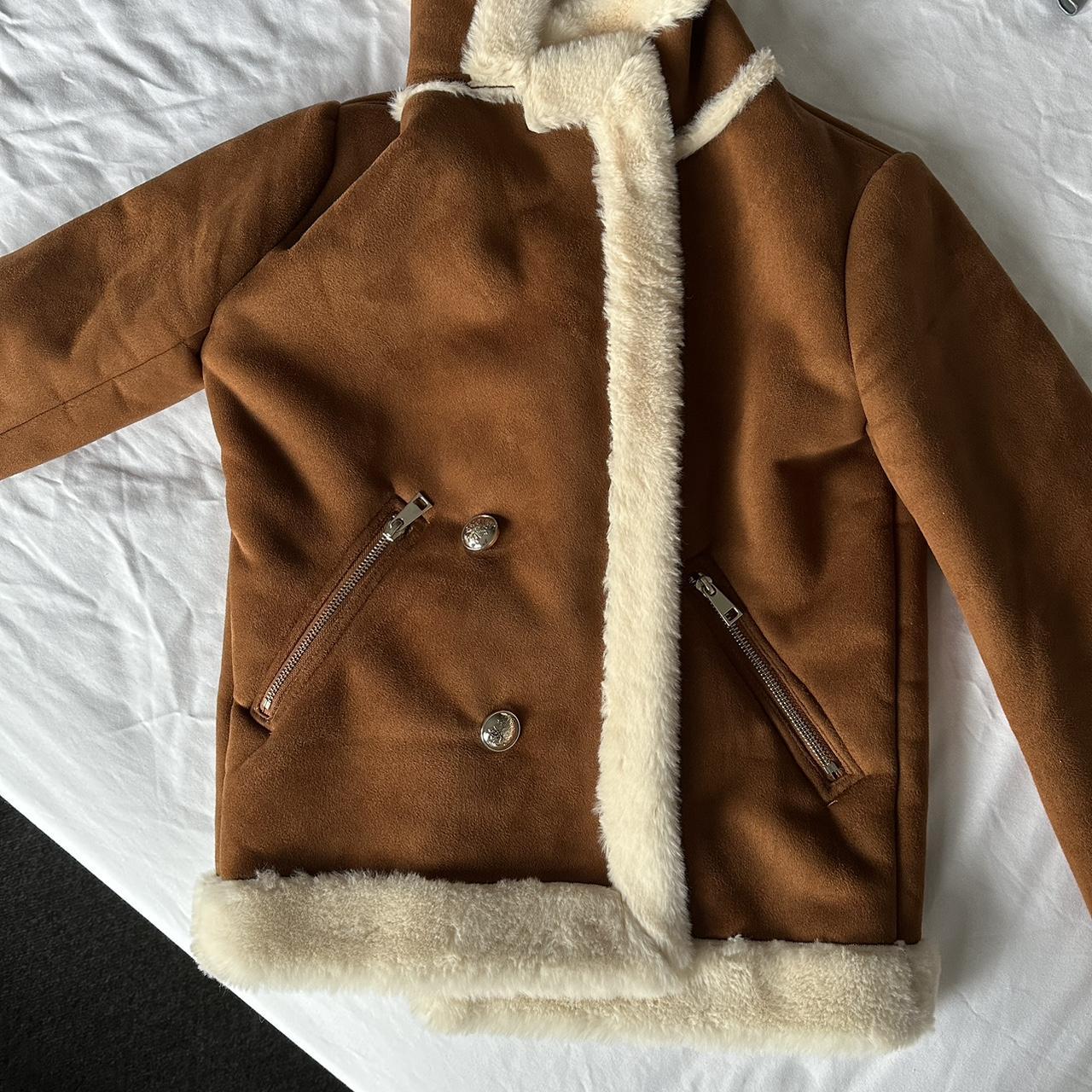 river island brown jacket faux fur buttoned size Depop