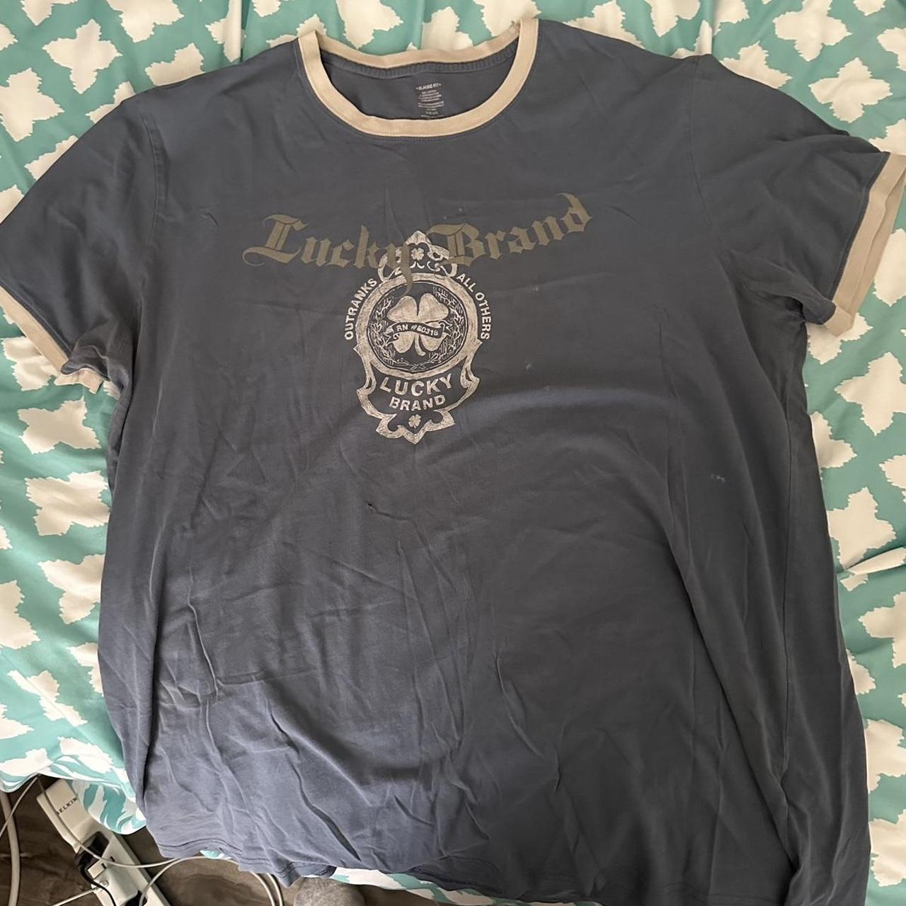 Lucky Brand Men's White and Blue T-shirt | Depop