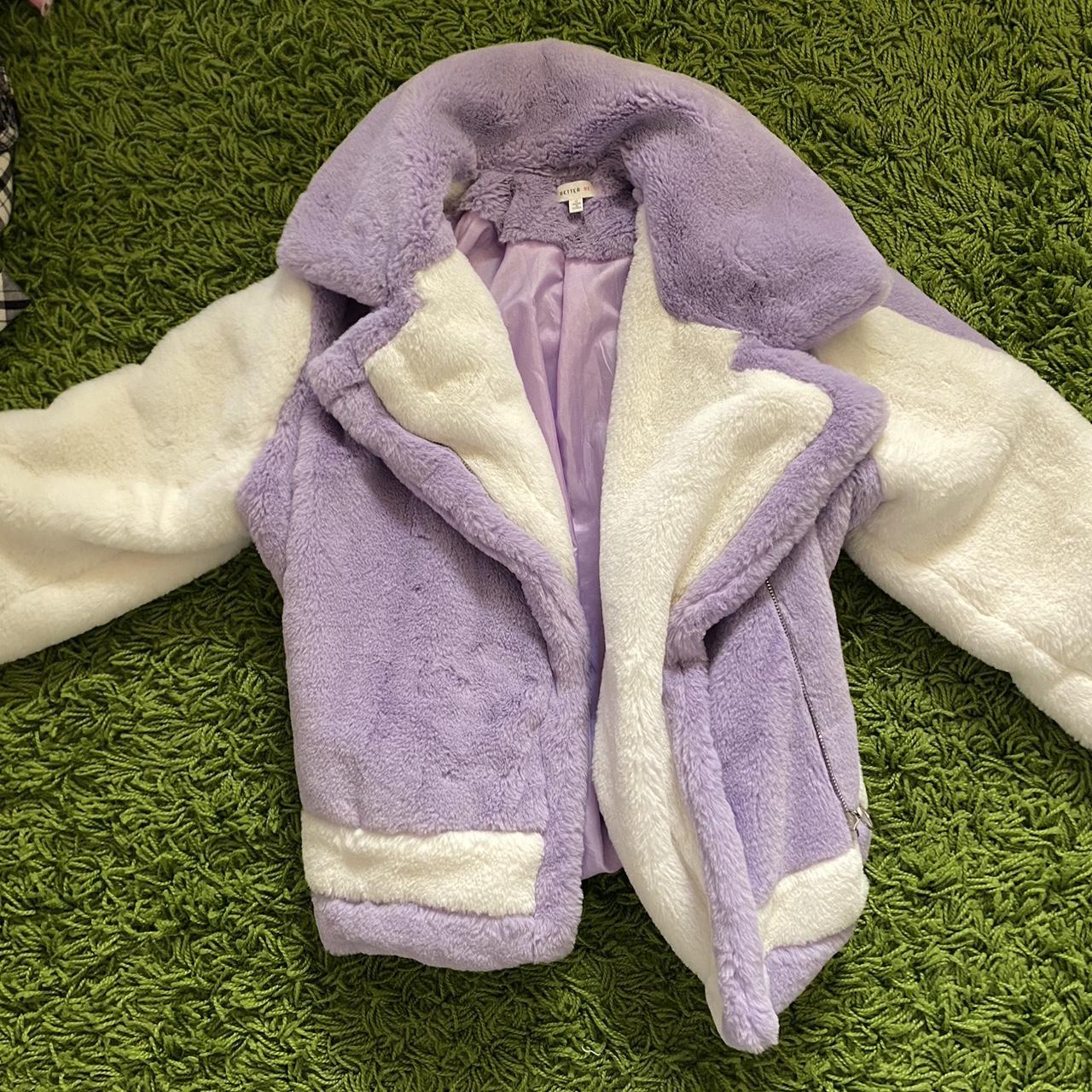 Dolls Kill Purple and white fuzzy jacket Size M - Depop