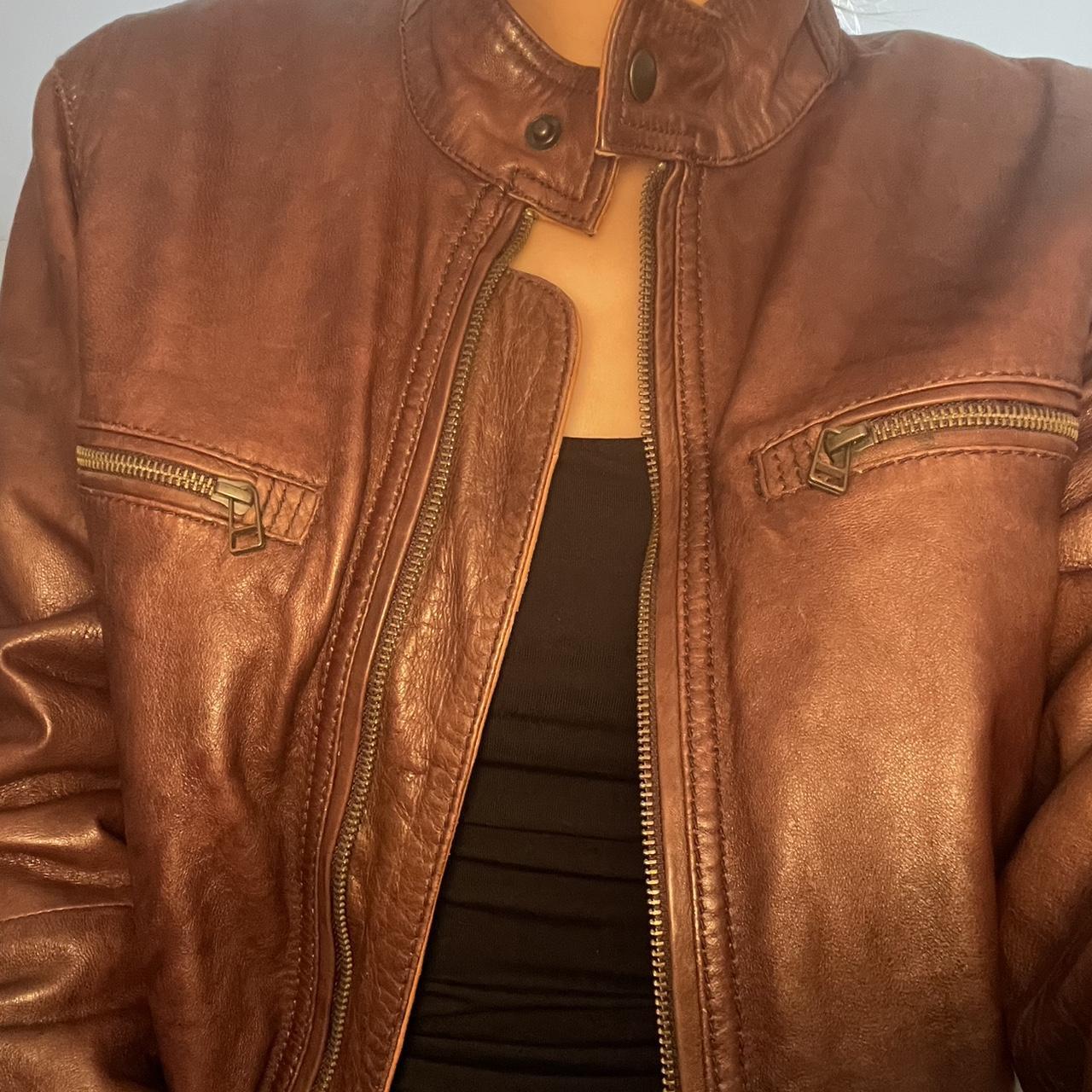 John Lewis brown leather jacket Zip... Depop