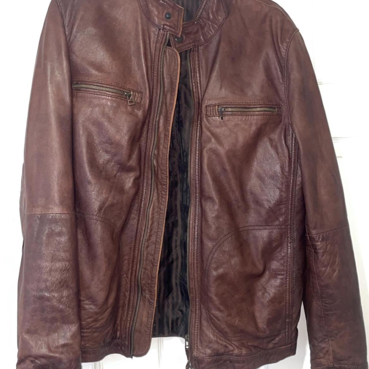 John Lewis brown leather jacket Zip... Depop