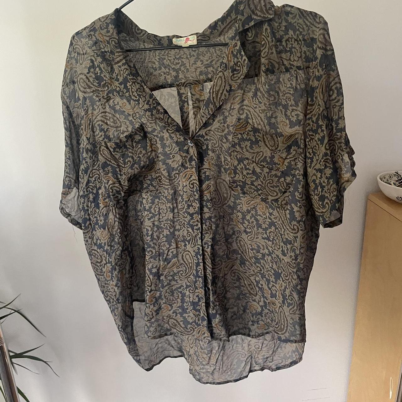 vintage paisley mesh button up shirt grey/blue with... - Depop