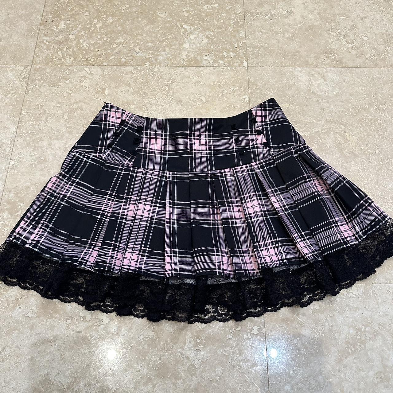 pink and black plaid mini skirt with lace holes for. Depop