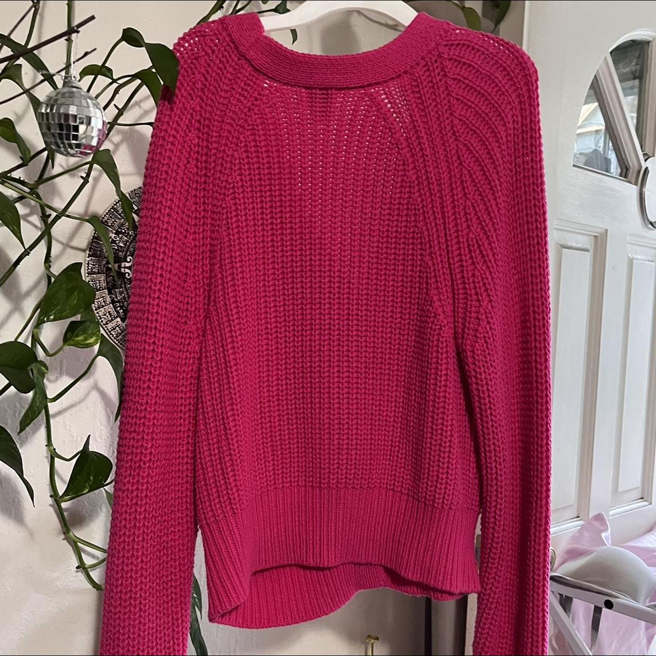 Hot pink knit cardigan perfect for a pop of color in... Depop