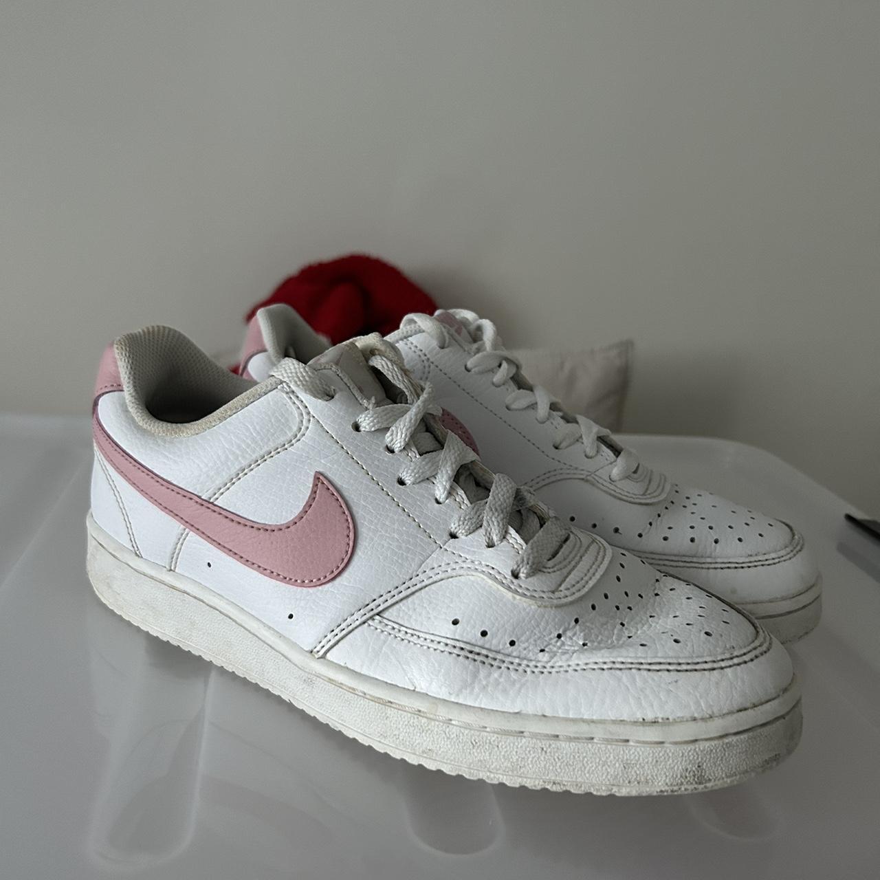 white and pink court vision trainers