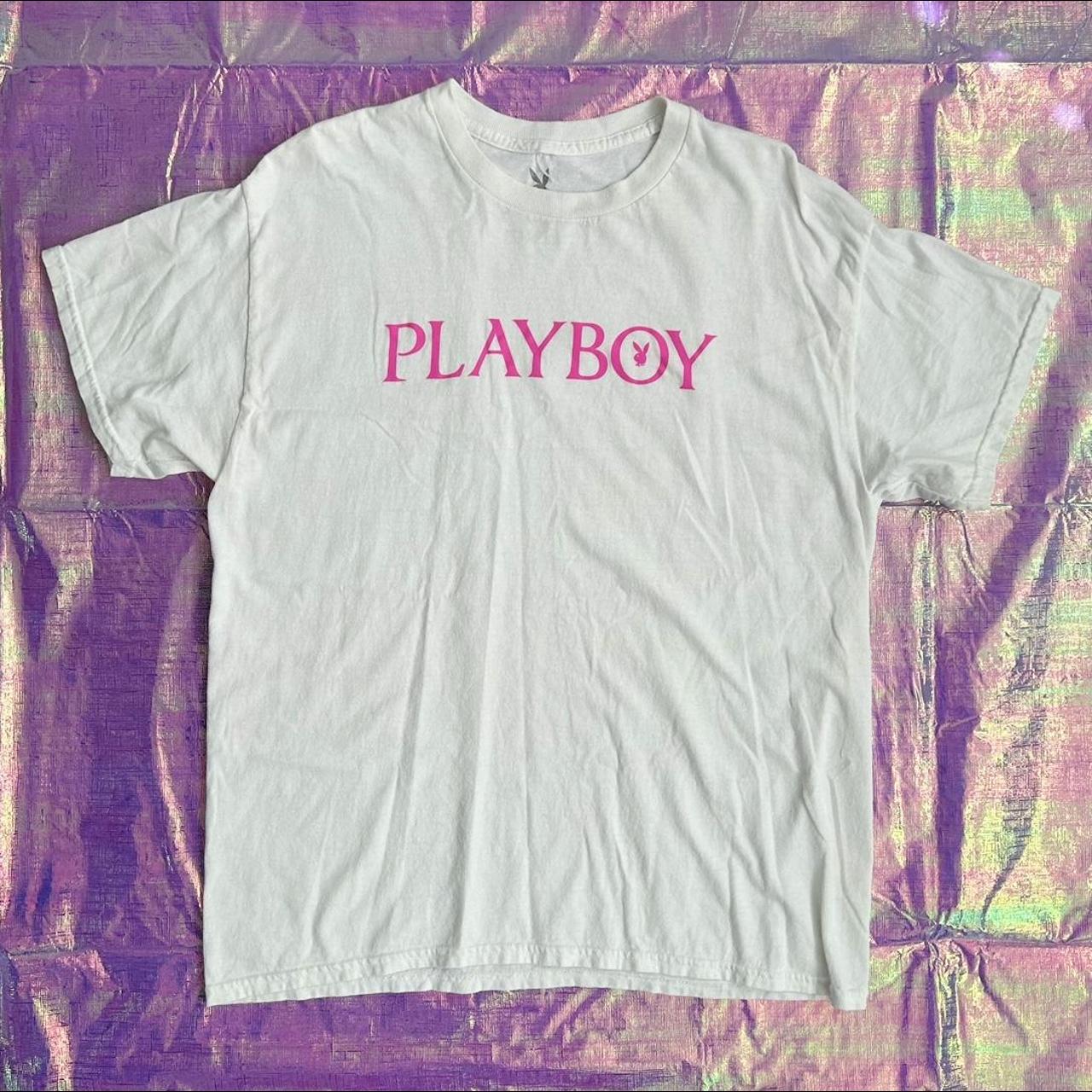 Playboy White Simple T-Shirt with Hot Pink Lettering... - Depop