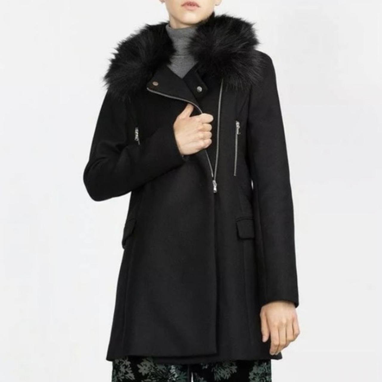 Zara black wool coat with detachable fur Depop