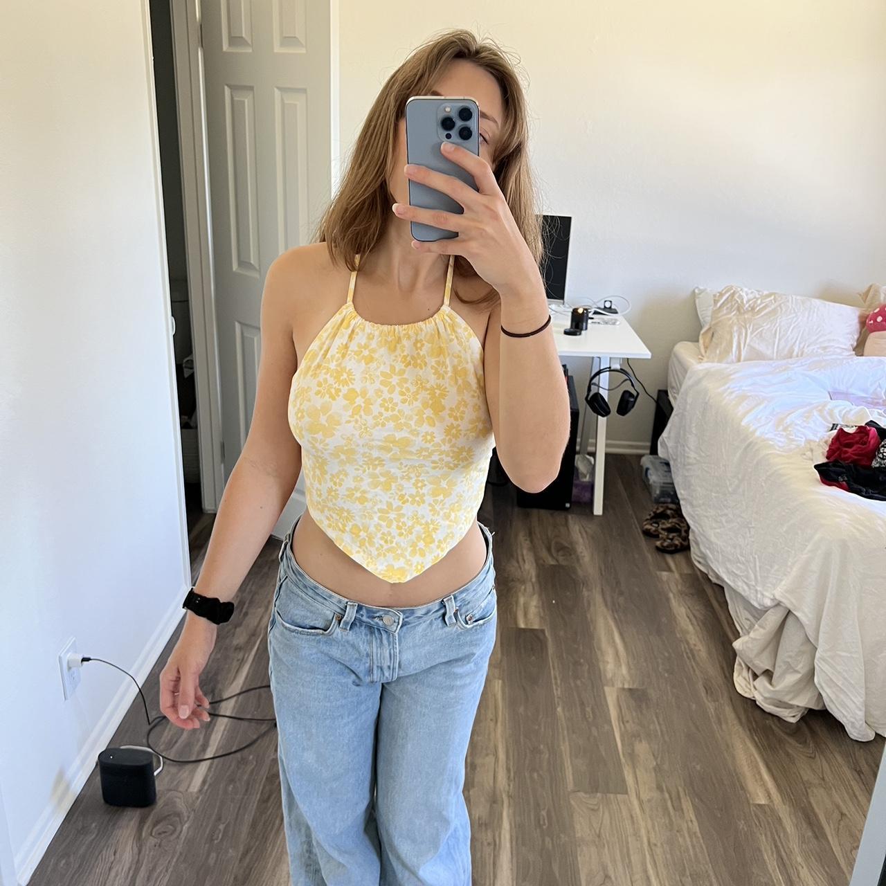 Forever 21 yellow flower halter top. Such a slimming... - Depop