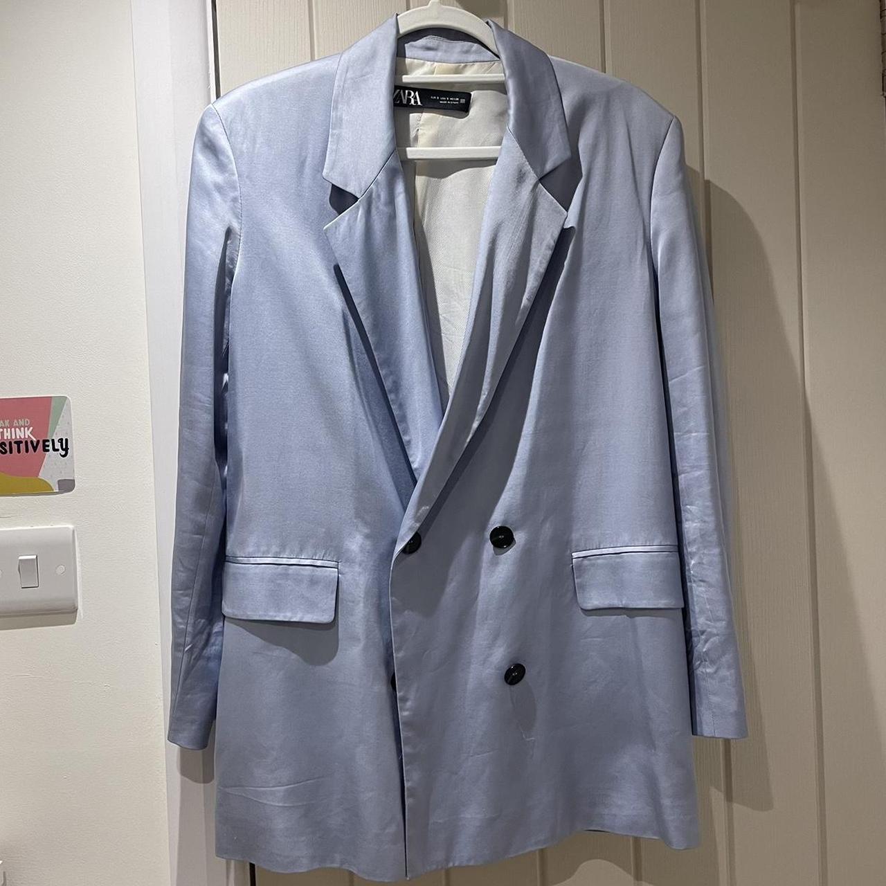 Zara Oversized Double Breasted Blue Satin Blazer RRP... - Depop