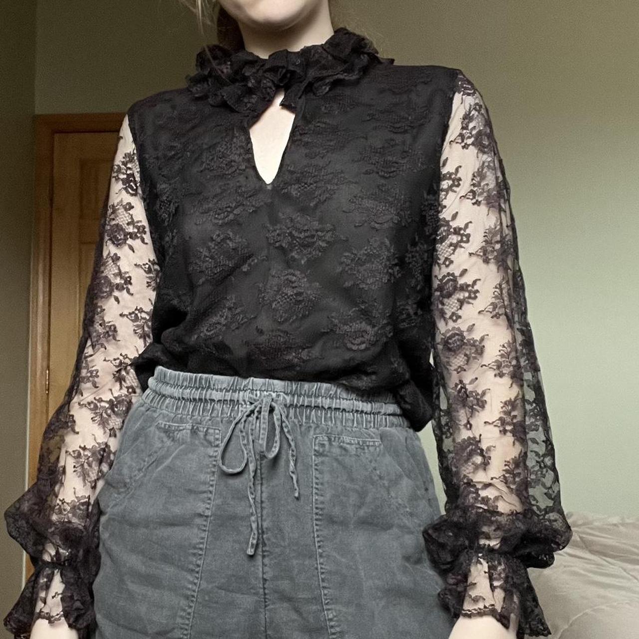 Vintage 90s goth regal black lace blouse with a...