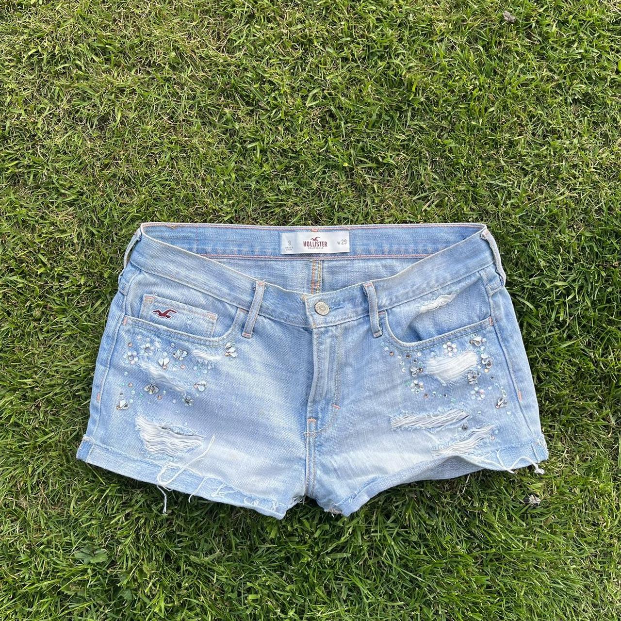 Low rise denim embellished light denim shorts Great... Depop