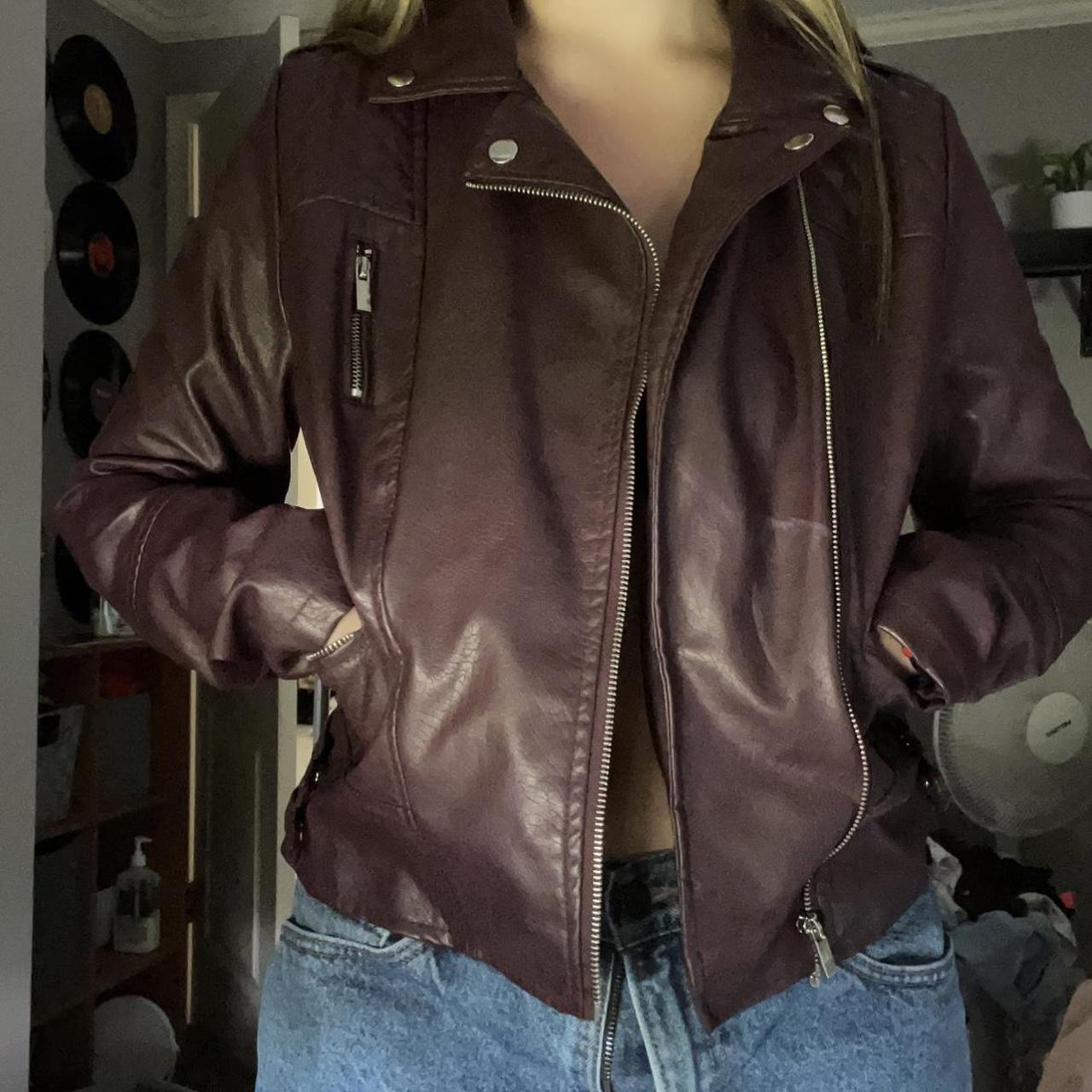 vintage maroon faux leather moto jacket size... - Depop