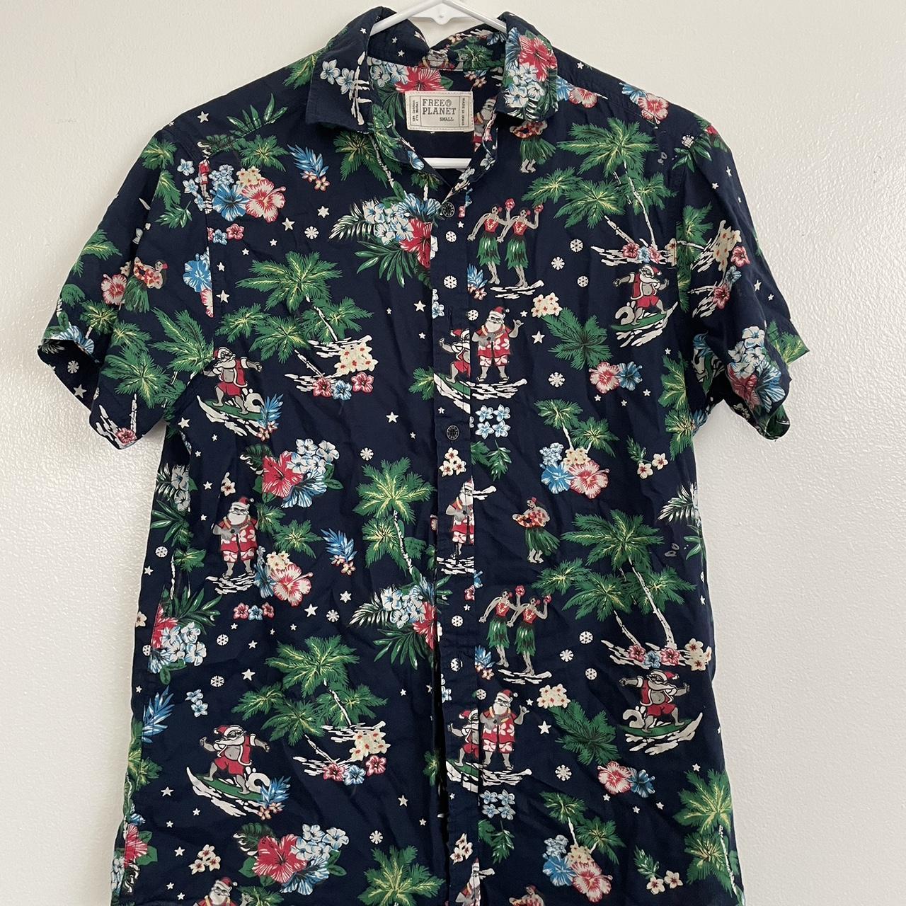 navy blue hawaiian button up shirt! • xmas santa... - Depop