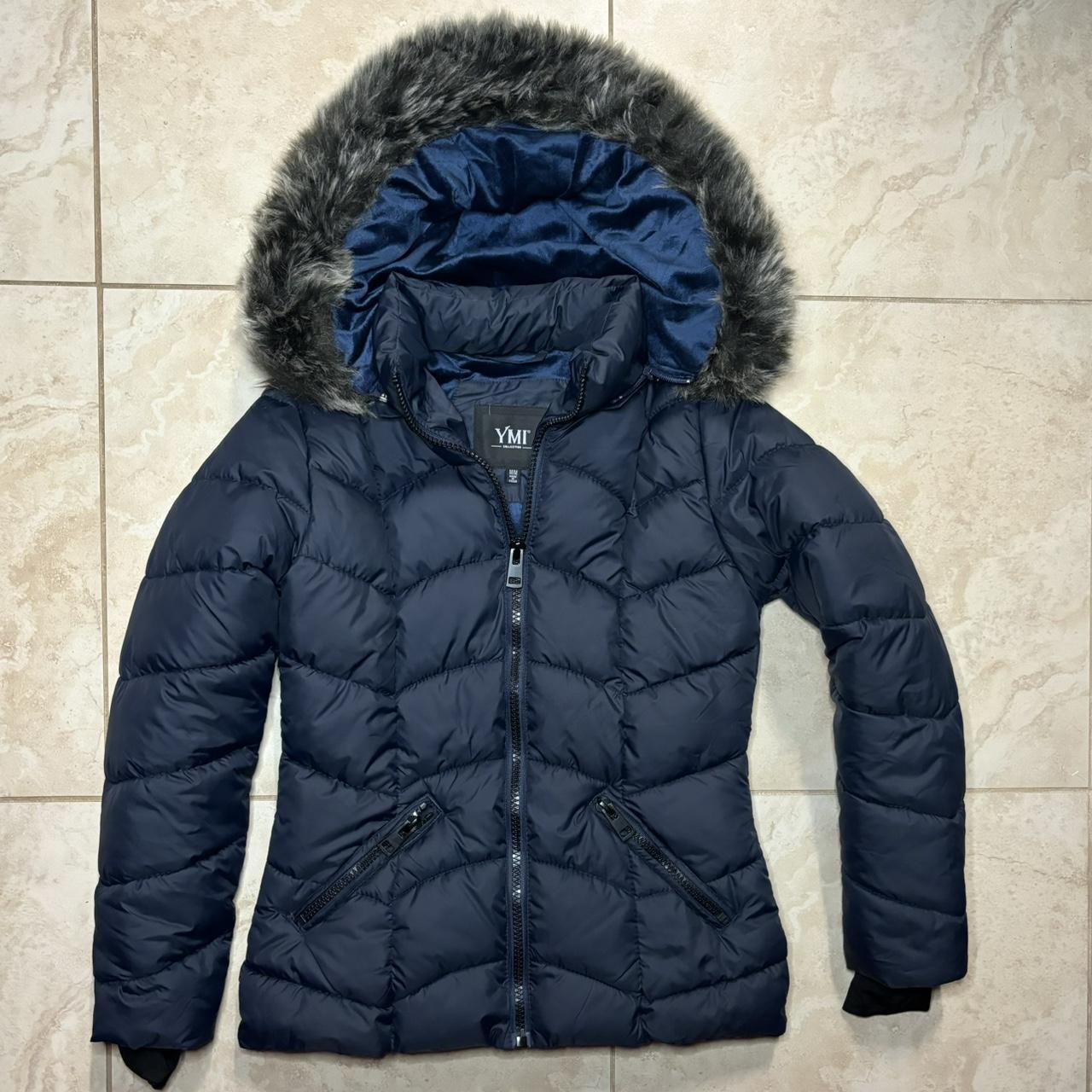 y2k YMI Fur Hood Puffer Zip-Up Blue Jacket womens... - Depop