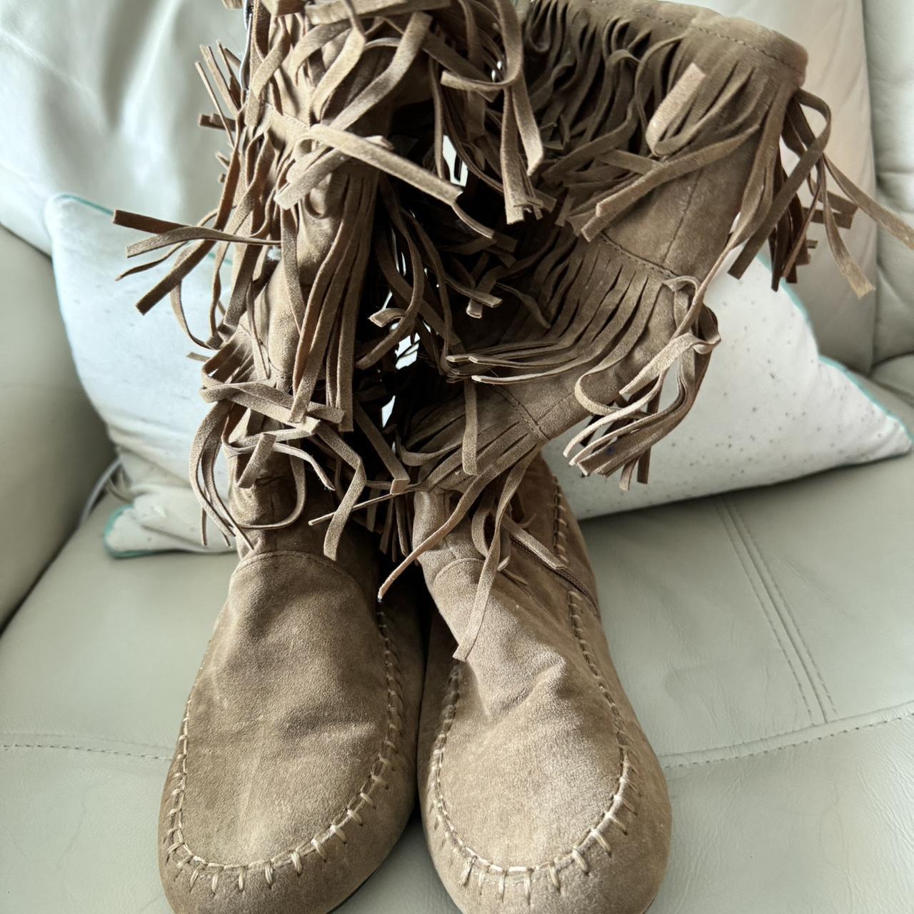 Tan suede fringe boots with a boho hippie vibe. Depop