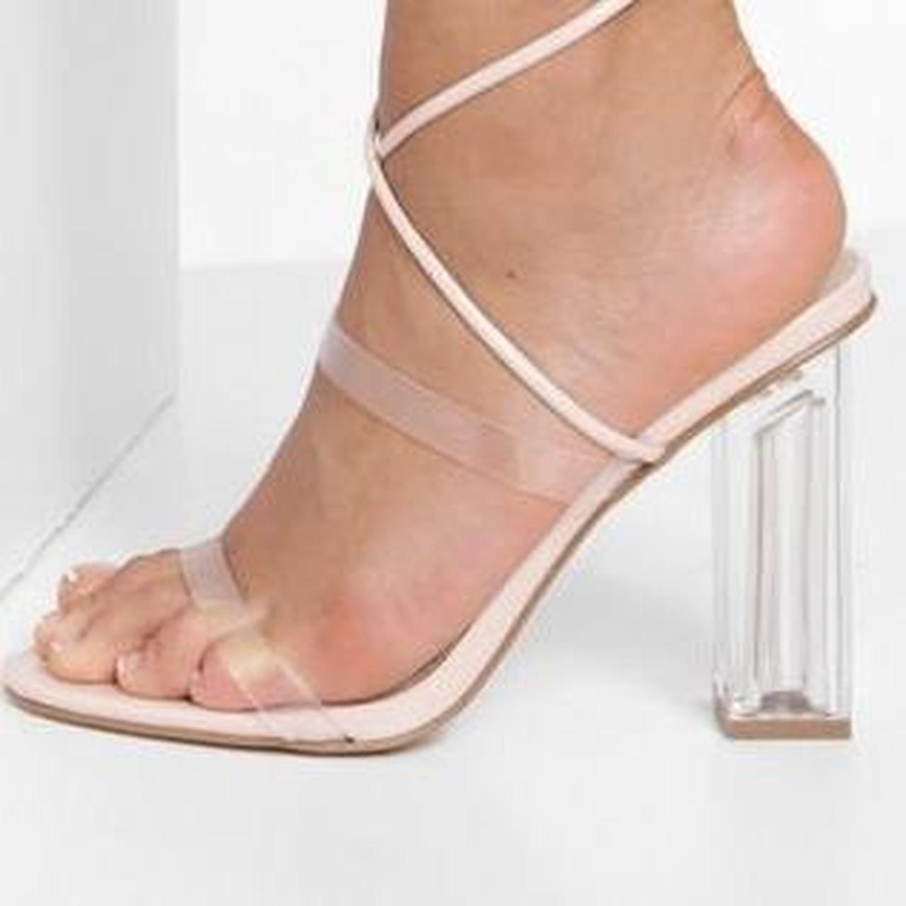 Nude slide heels super skinny clear straps with