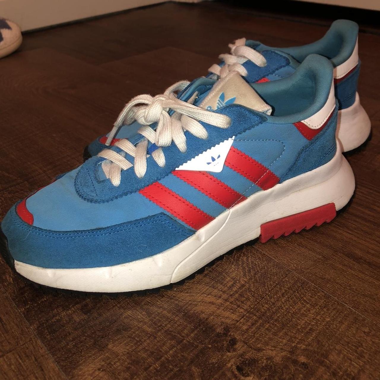 Adidas red white hot sale and blue trainers