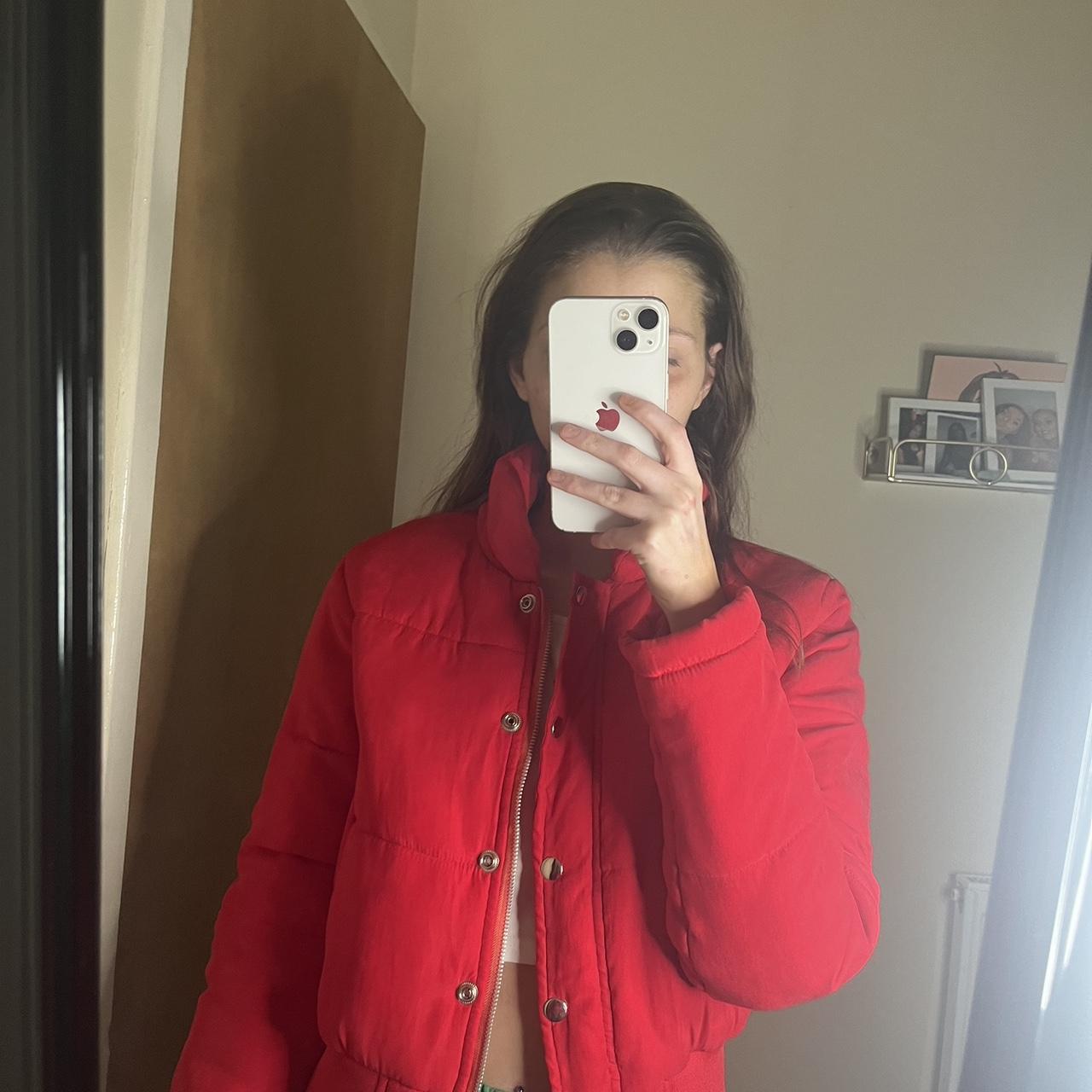 Red cropped puffer jacket. Size 8. Pretty little... - Depop