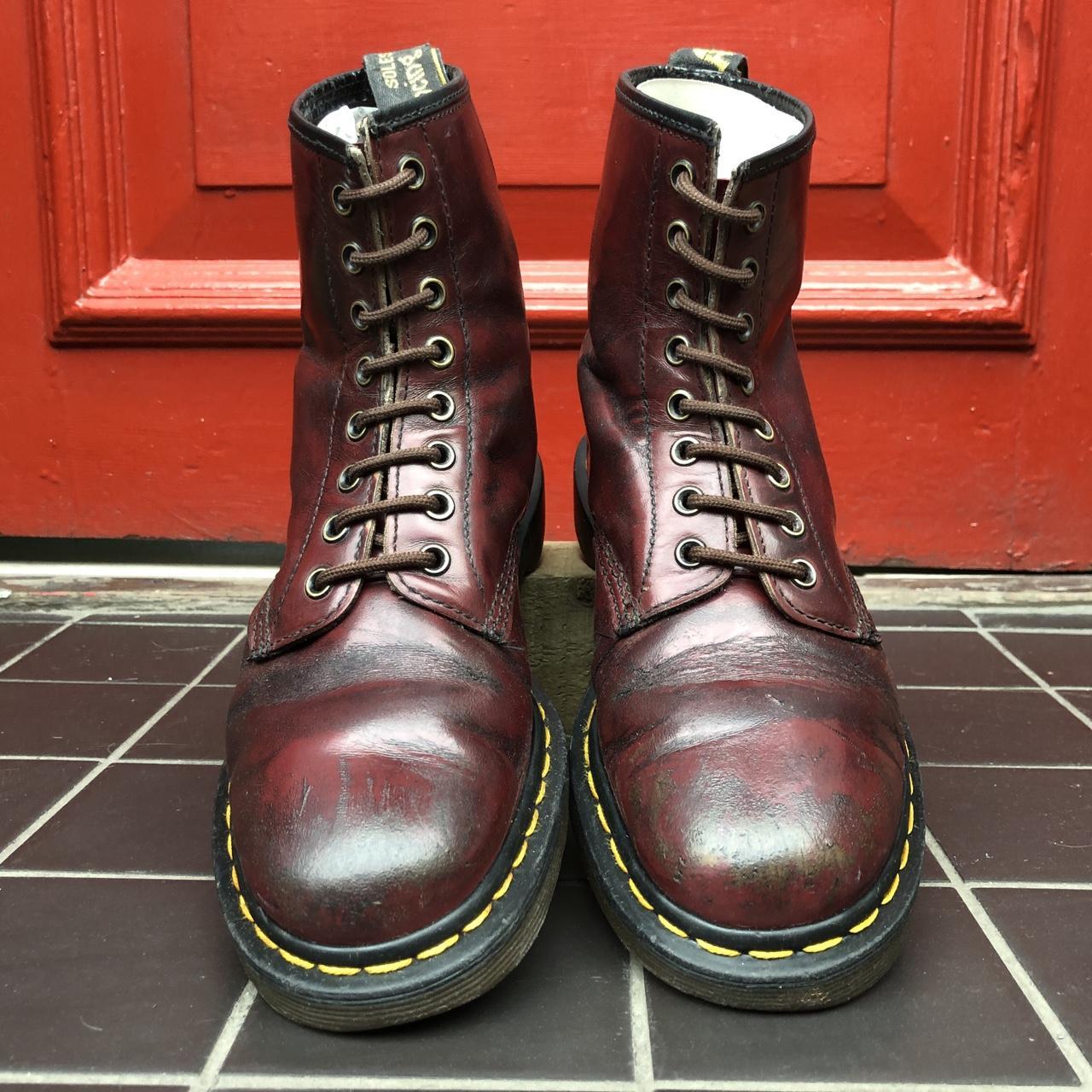 Dr. Martens Women's Burgundy and Black Boots | Depop